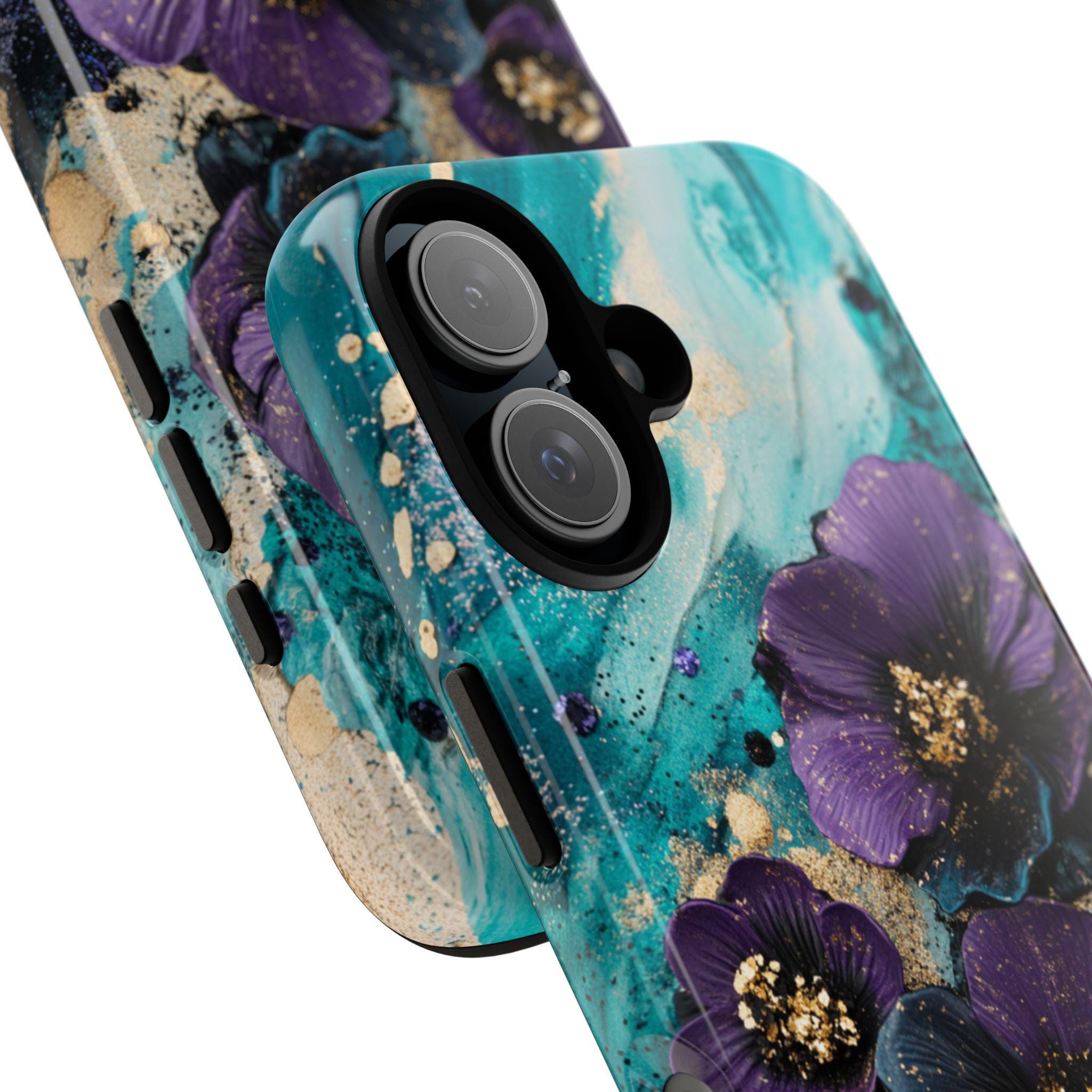 Purple 3D Floral Art Phone Case, Glitter Bloom 3D Design, Teal Floral Garden Case for iPhone 16 15 14 13 Pro Max Magsafe, Samsung S24, 436.2