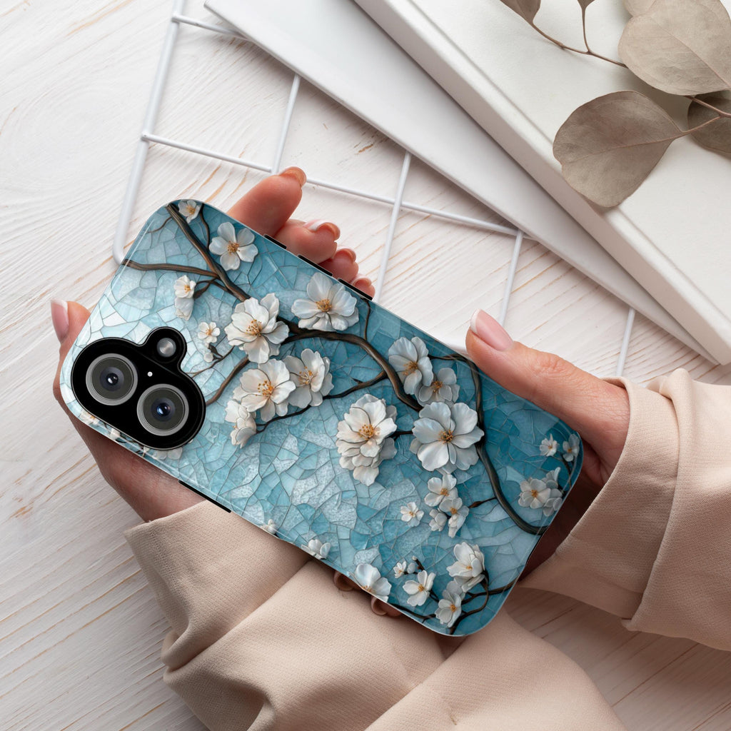 Cozy Cherry Blossom Stained Glass Mosaic Phone Case, Artistic Protective Cover for iPhone 16, 15, 14, 13 Tough or Magsafe, Samsung, 418.26