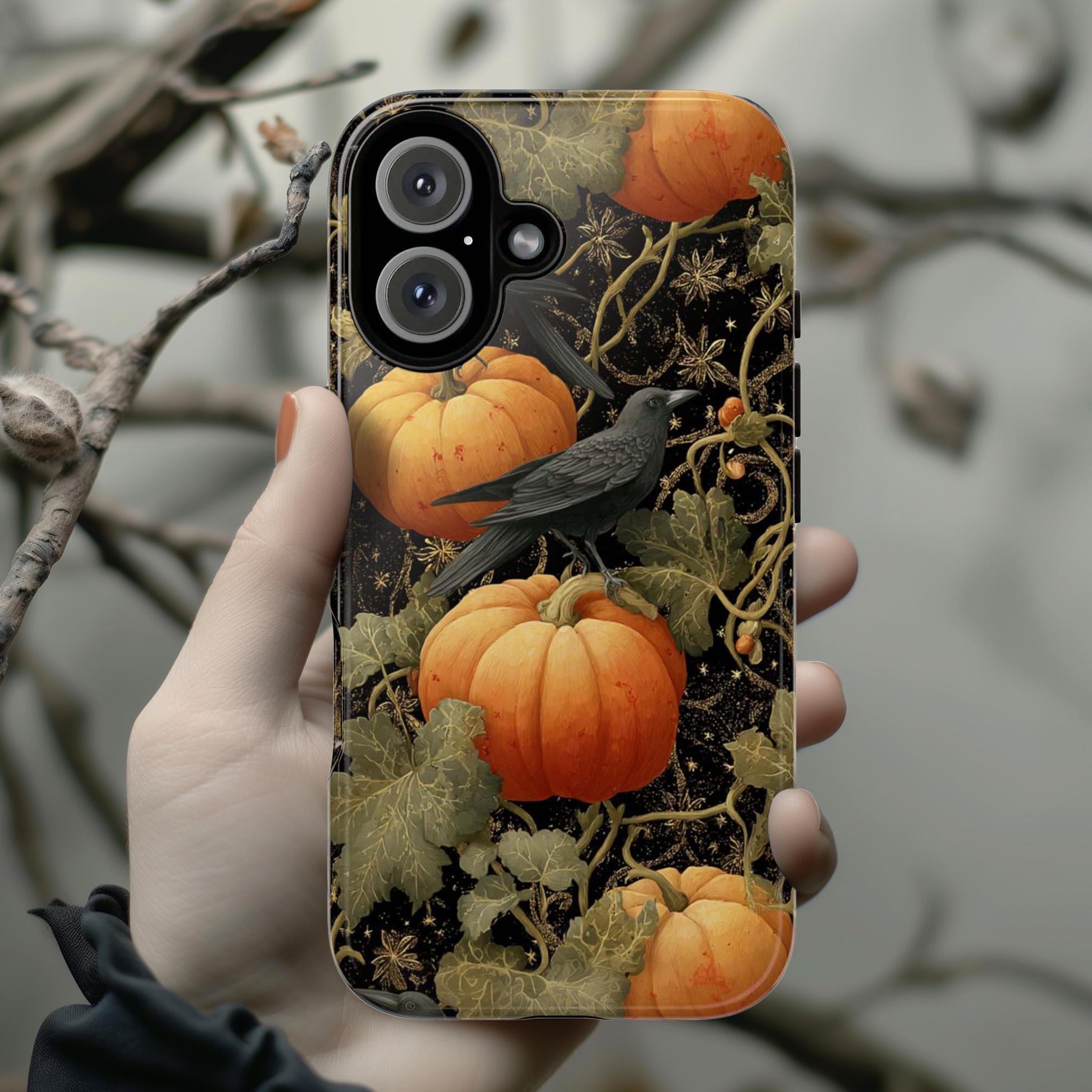 Halloween Phone Case, Pumpkins & Crows with Vine Tendrils Cover, Gothic Fall Vibes for iPhone 16 15 14 Tough or Magsafe, Samsung, 475.10