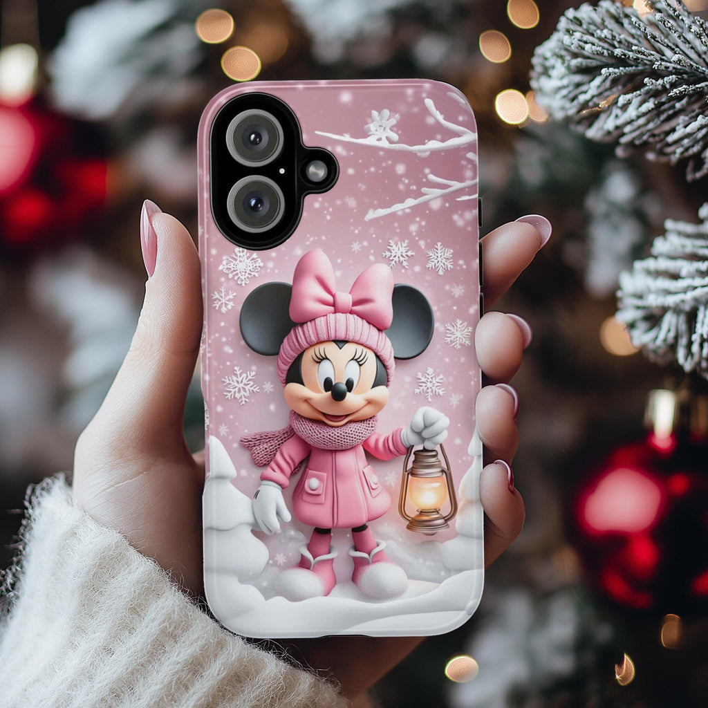 Minnie Mouse 3D Phone Case, Cartoon Xmas Design Pink Minnie Mouse Christmas Phone Case for iPhone 16 15 14 Magsafe, Samsung S24, 442.5