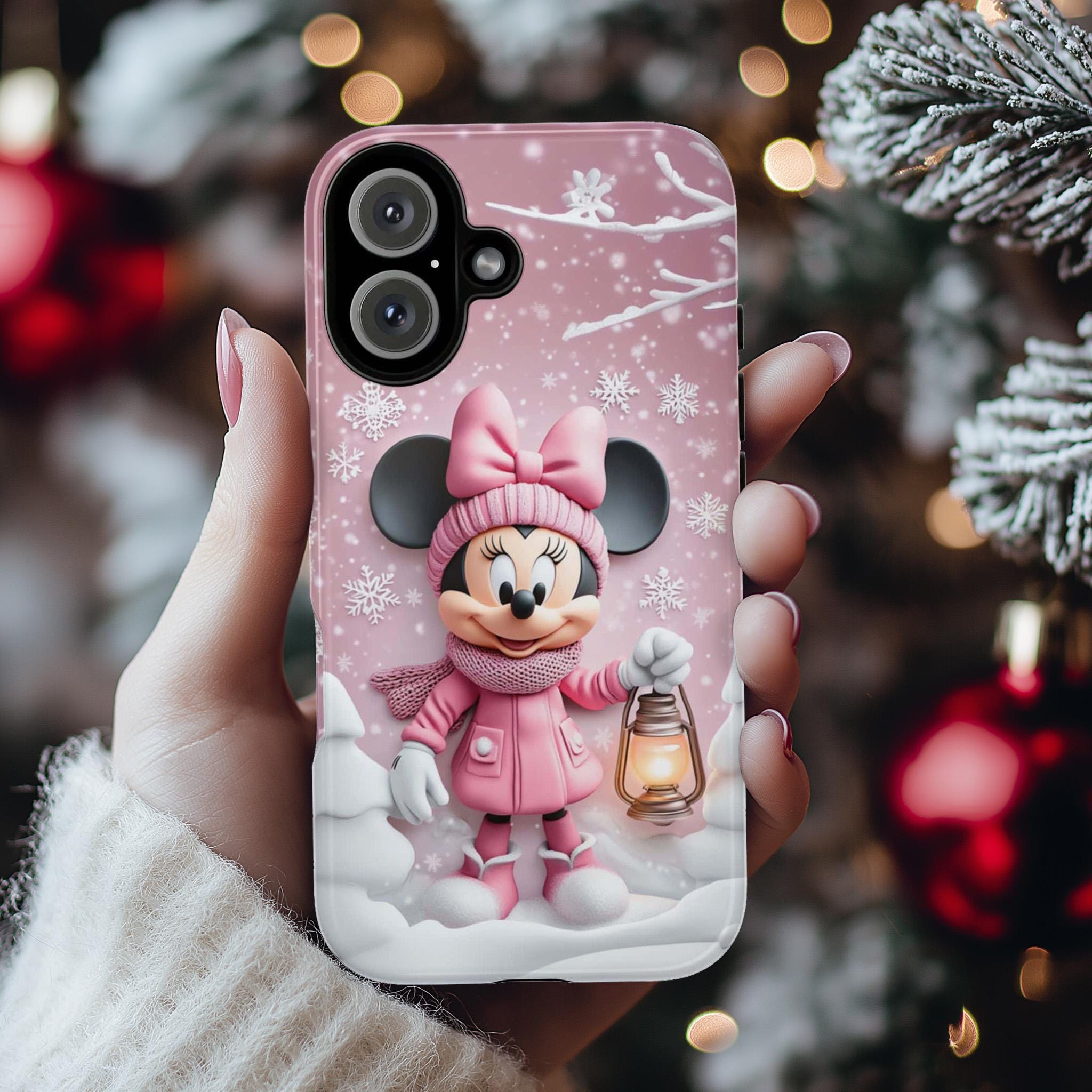 Minnie Mouse 3D Phone Case, Cartoon Xmas Design Pink Minnie Mouse Christmas Phone Case for iPhone 16 15 14 Magsafe, Samsung S24, 442.5