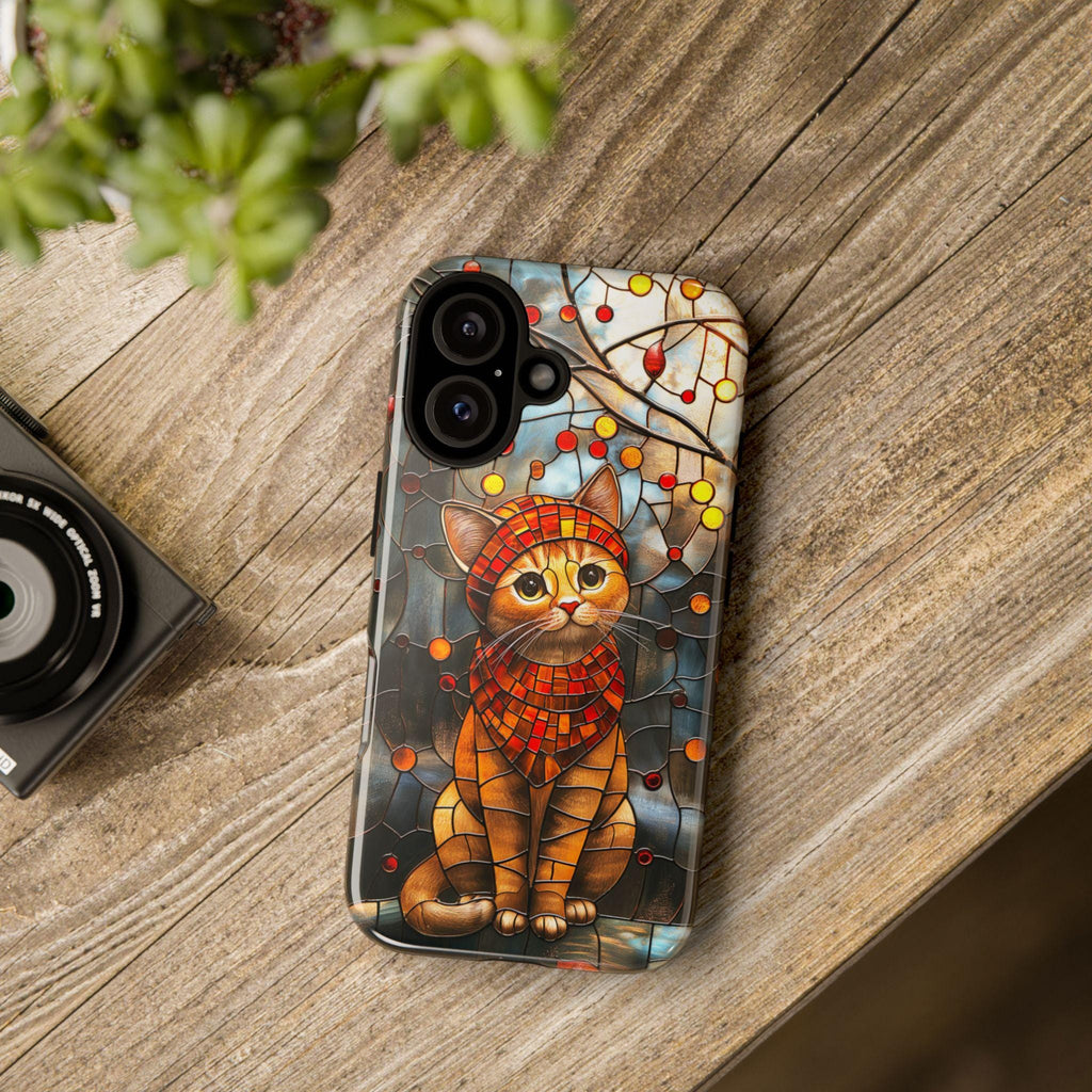 Vibrant Stained Glass Phone case  with Adorable Cat, Cat Lover Gift for iPhone 16 Pro Max 15 14 13 Plus, Samsung S25 Ultra, 416.3