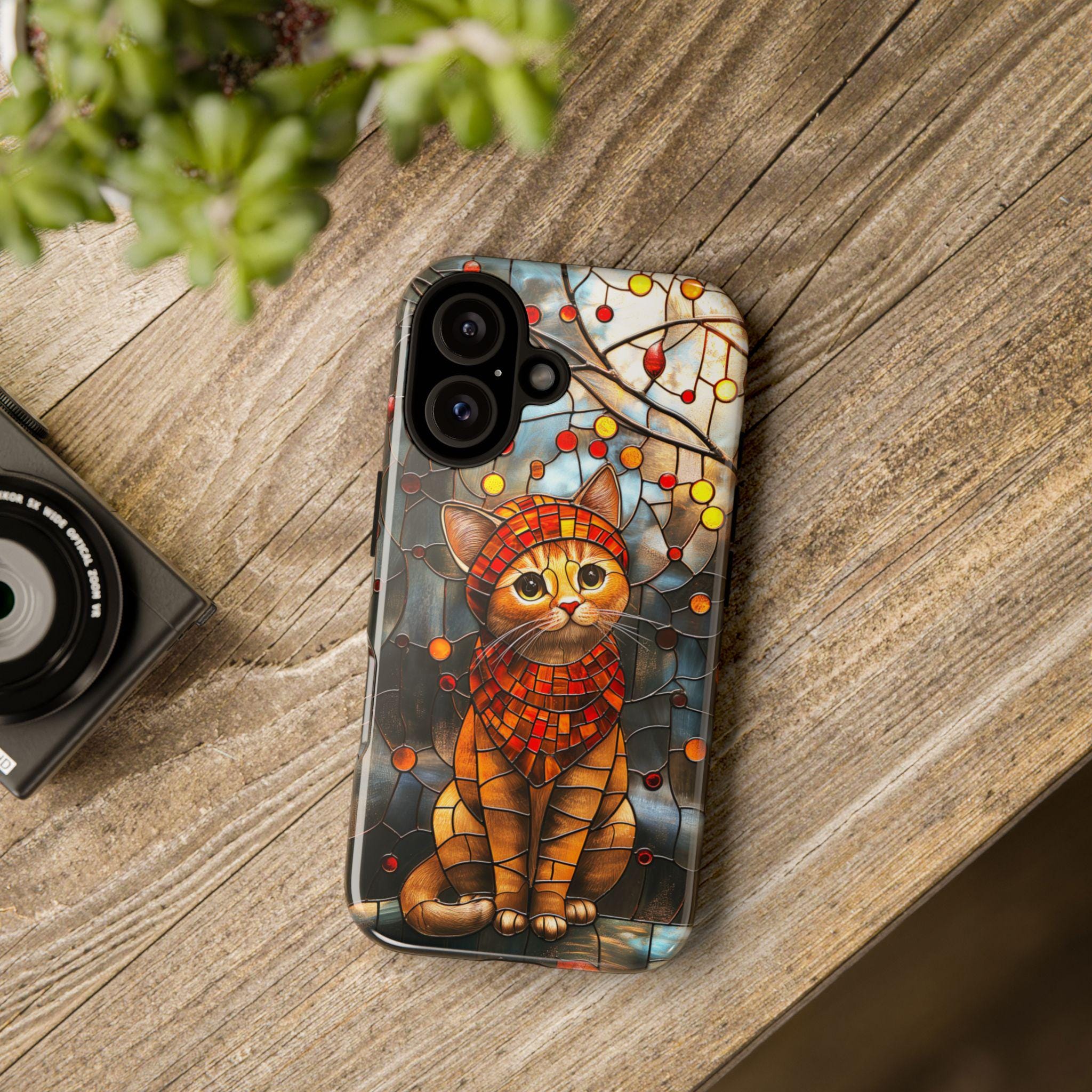 Vibrant Stained Glass Phone case  with Adorable Cat, Cat Lover Gift for iPhone 16 Pro Max 15 14 13 Plus, Samsung S25 Ultra, 416.3