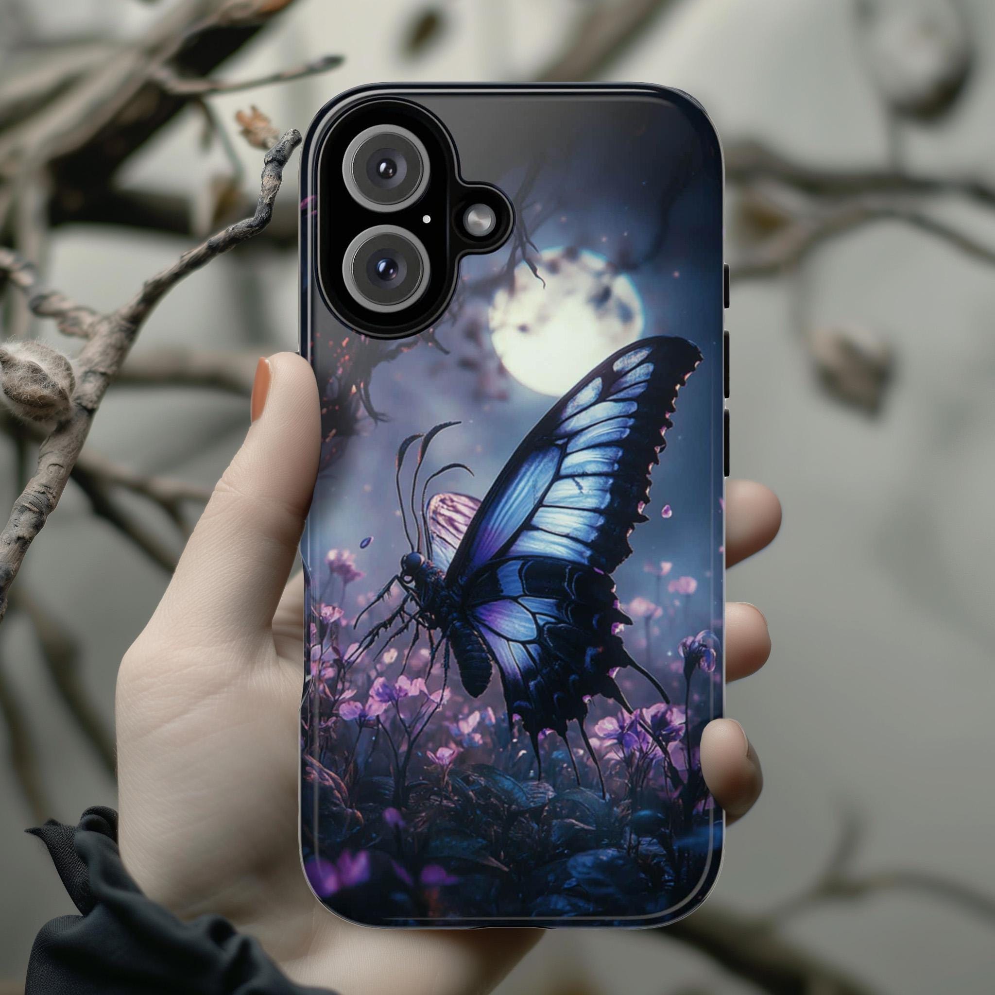 Gothic Butterfly Phone Case, Pink Flowers & Moon Design, Dark Fantasy Mystic Art Phone Cover for iPhone 16, Samsung S25, Pixel 9, 463.8