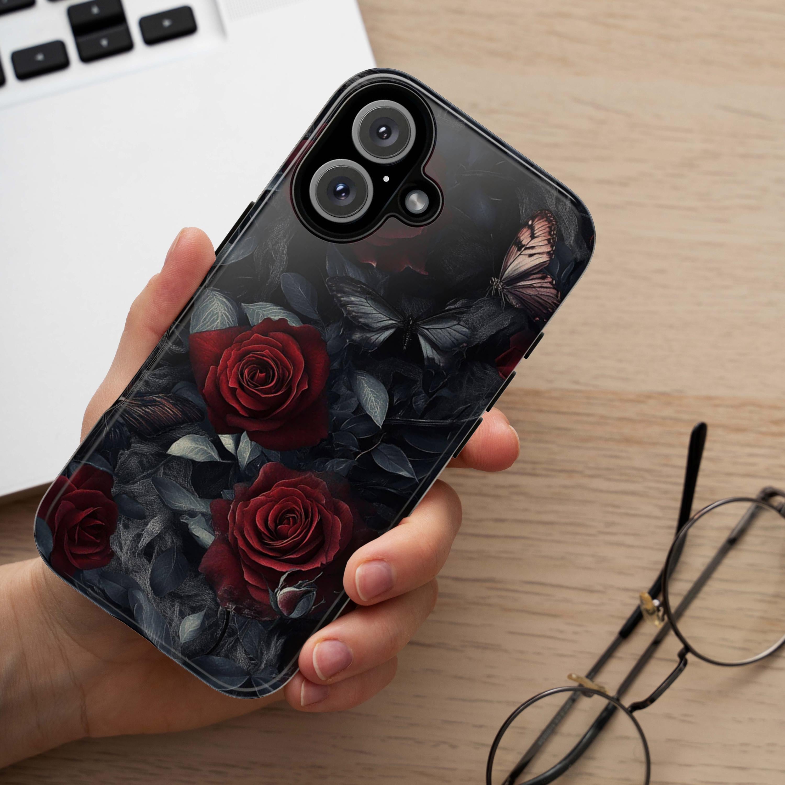 Dark Floral Red Rose Phone Case, Gothic Dark Academia Phone Case, Artistic Protective Phone Cover for iPhone Magsafe, Samsung, 422.4