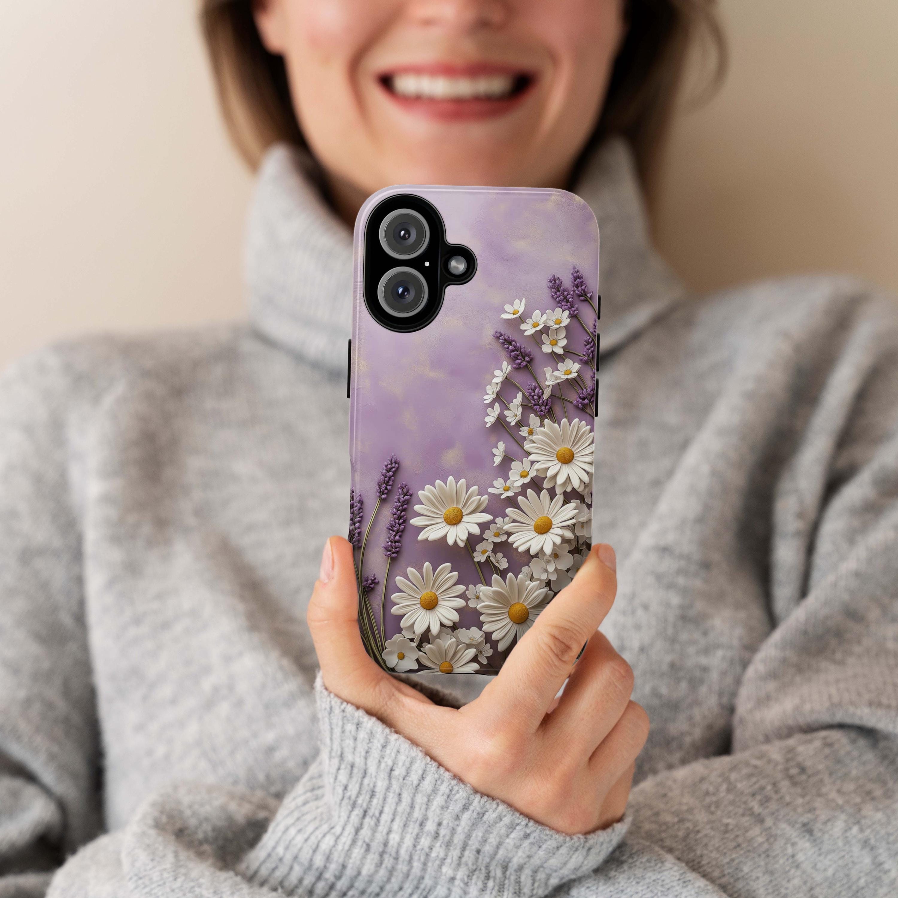 3D Floral Daisy and Lavender Phone Case, Pastel Purple Bloom Art Case for iPhone 16 15 14 13 Tough or Magsafe, Samsung S24, 439.19