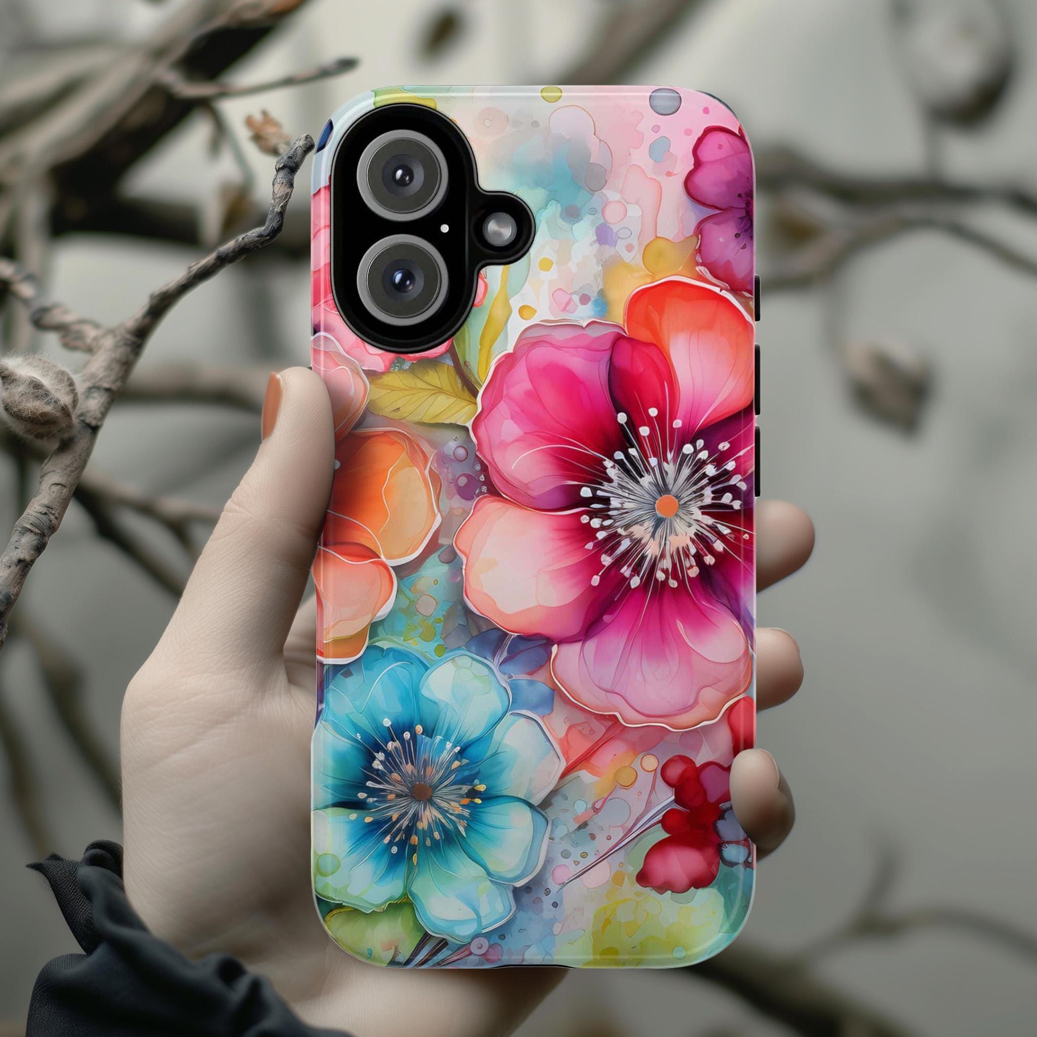 Rainbow Watercolor Floral Phone Case, Colorful Vibrant Alcoholic ink Case, Spring Floral Phone Case for iPhone 16 Magsafe, Samsung S25, 0068