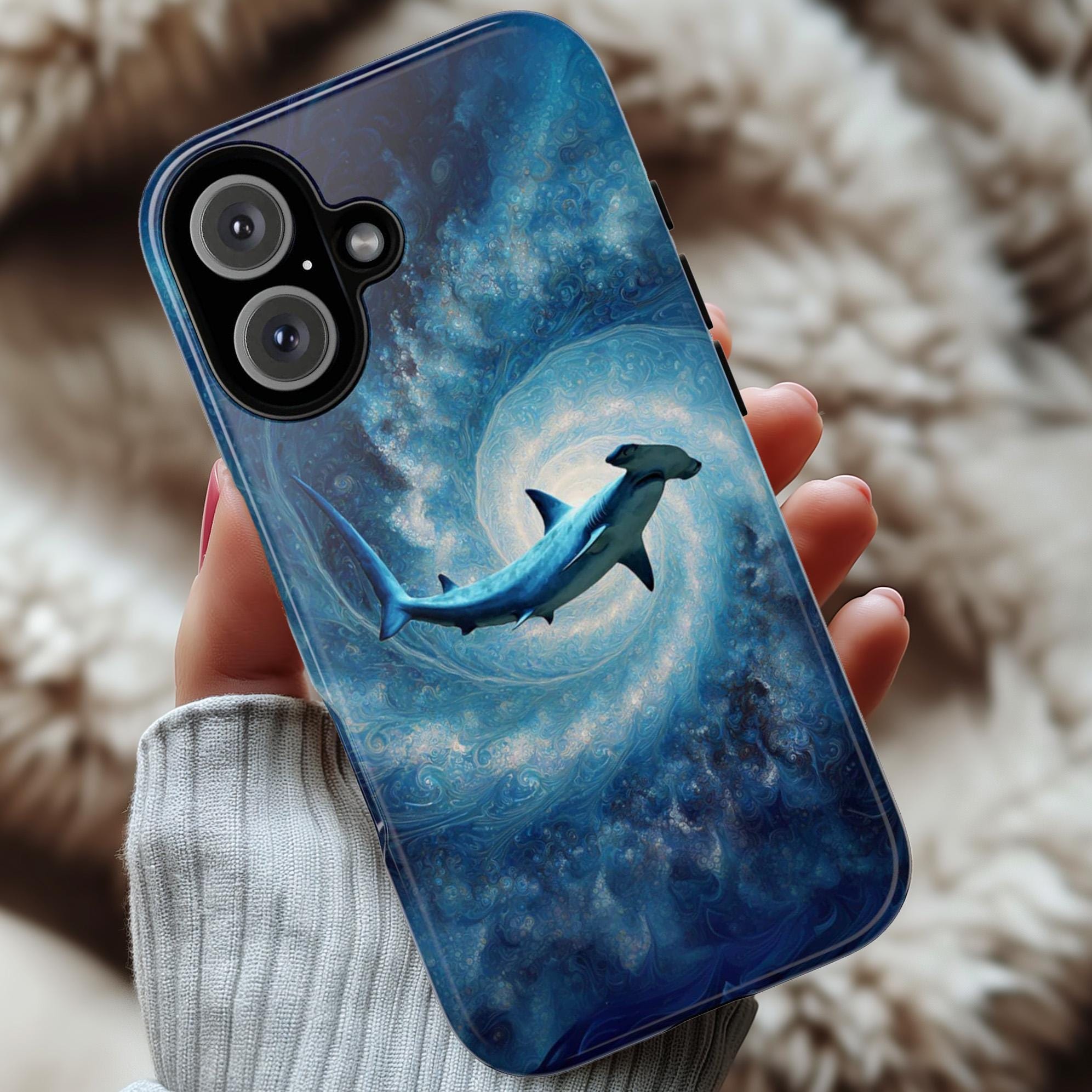 Ocean Inspired Phone Case with Shark Design, Blue Aesthetic Protective Cover, Unique Marine Life Gift for iPhone and Android Models, 466.11