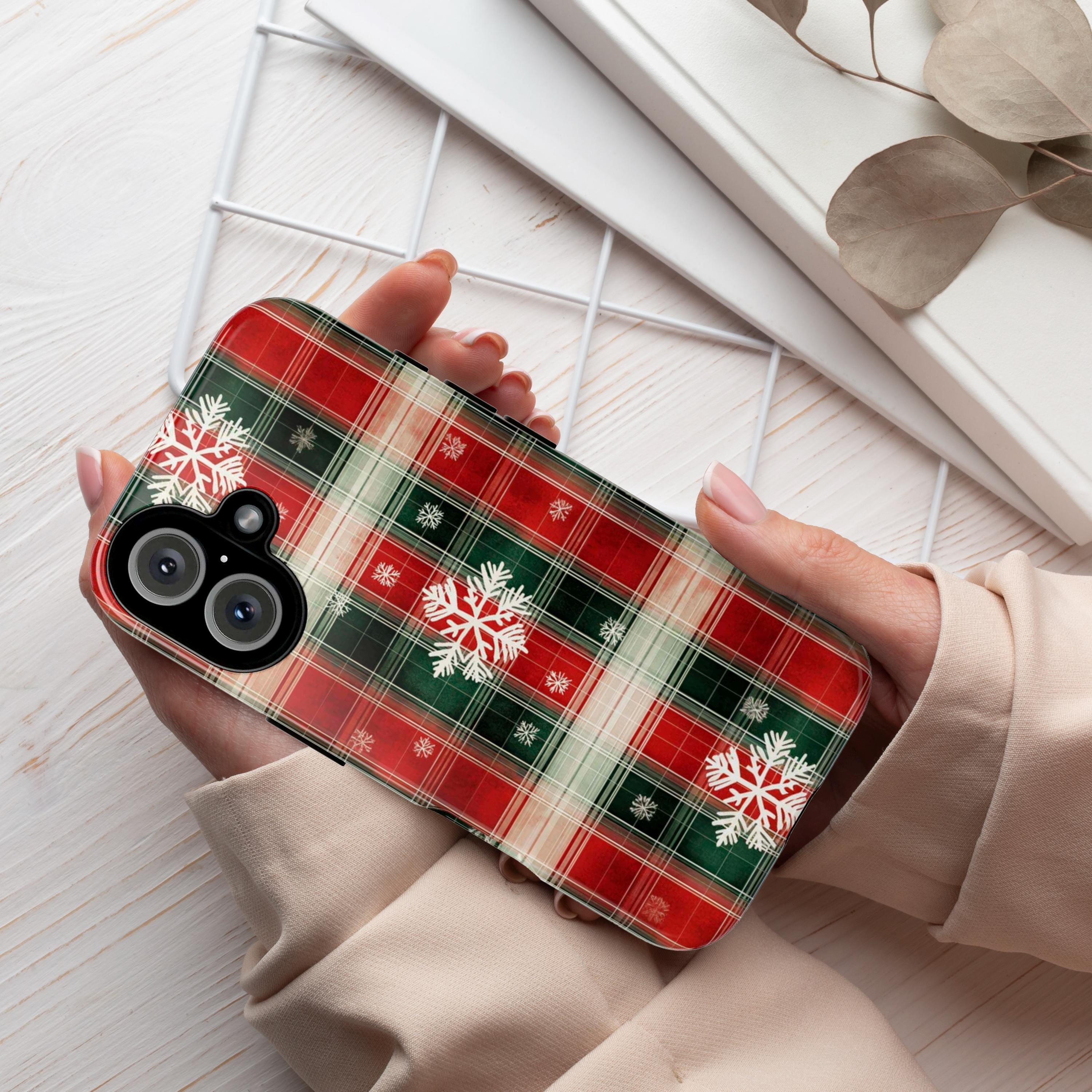 Cozy Christmas Plaid Phone Case, Festive Xmas Holiday Snowy Phone Cover for iPhone 15 14 13 Pro Max Plus, Magsafe, Galasy S25, 426.1