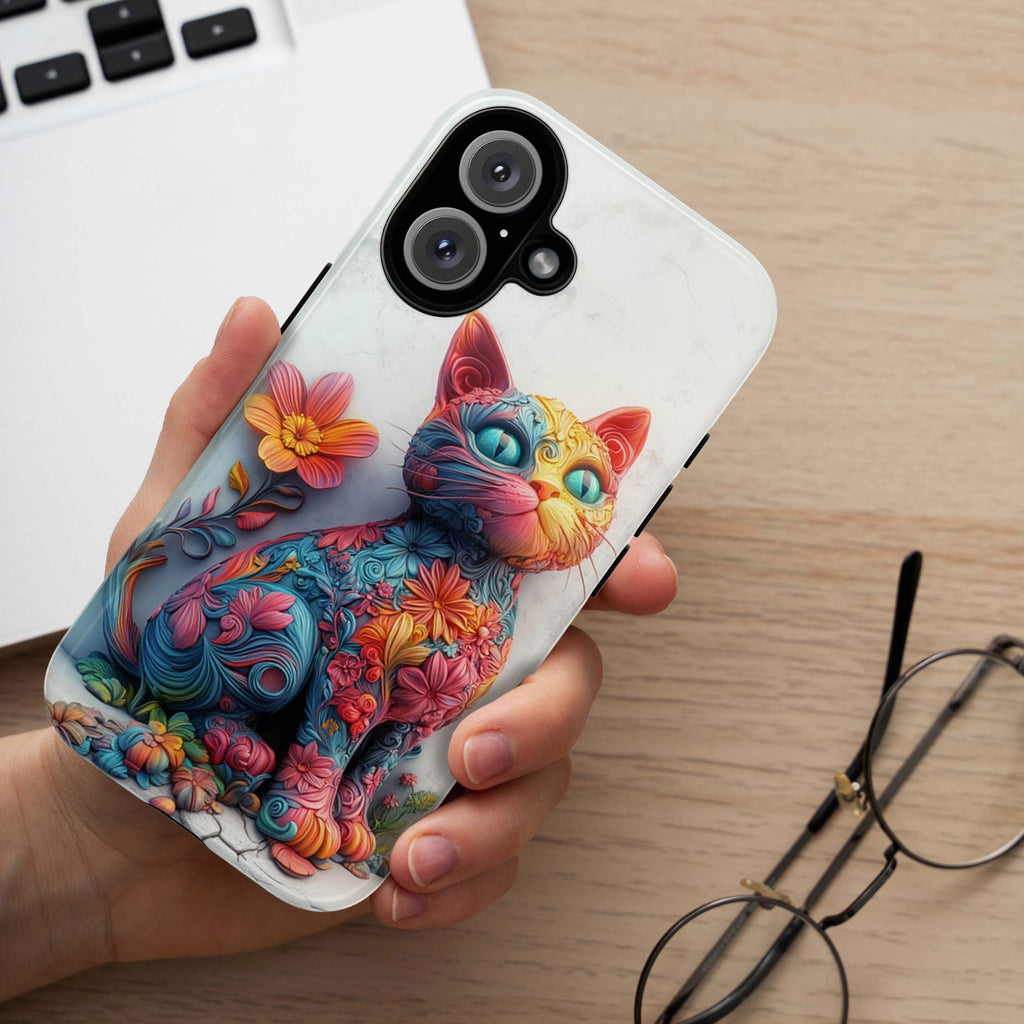 Colorful Floral Cat 3D MagSafe Phone Case, Abstract Fantasy Cat & Flowers iPhone 16 15 14 13 12 Pro Max Plus / Samsung S24, 439.11