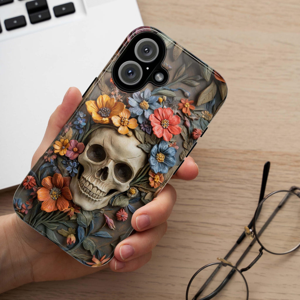 3D Dia de los Muertos Flora Skull Phone Case, Anatomical Gothic Botanical Phone, Halloween-Inspired Cover for iPhone & Samsung, 435.4