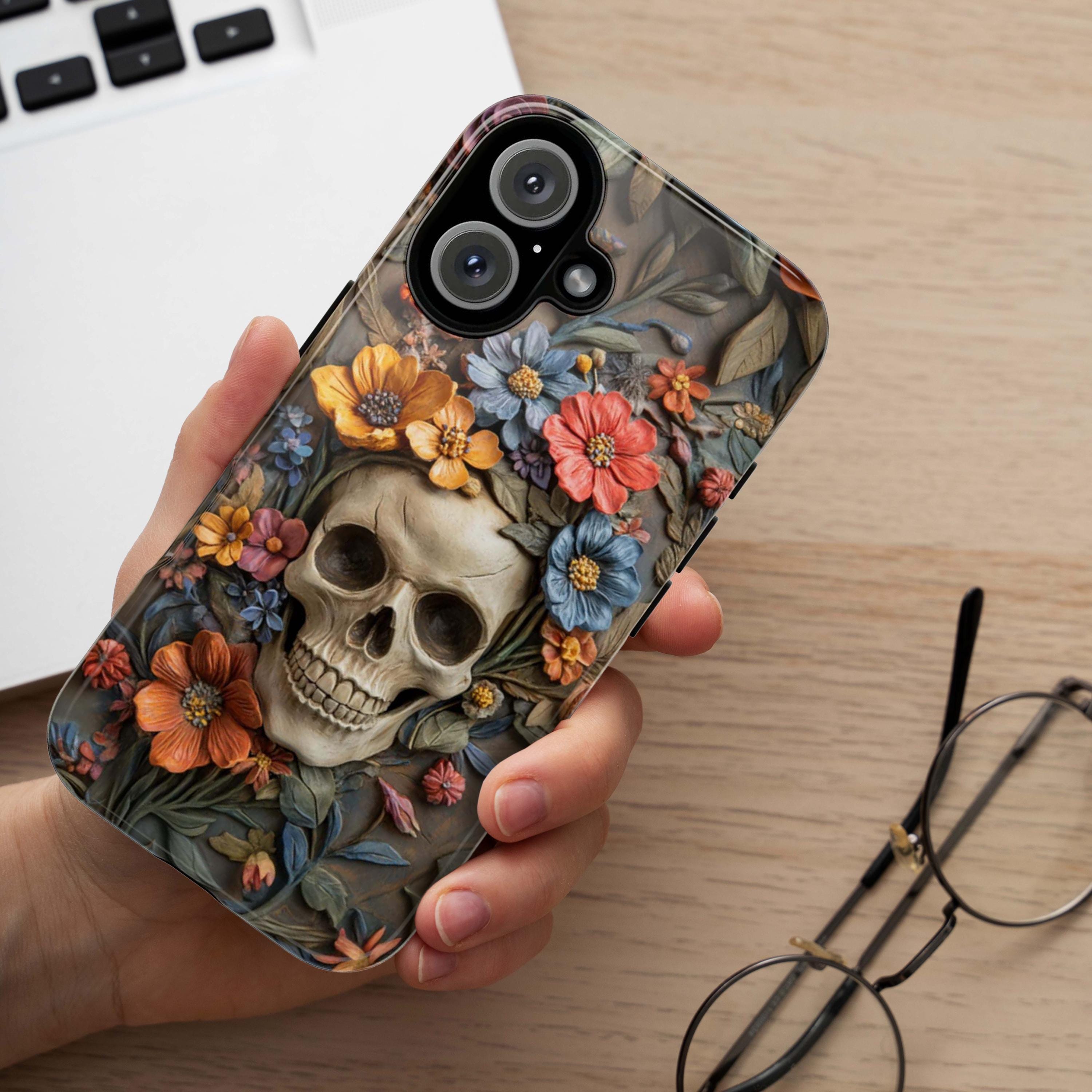 3D Dia de los Muertos Flora Skull Phone Case, Anatomical Gothic Botanical Phone, Halloween-Inspired Cover for iPhone & Samsung, 435.4