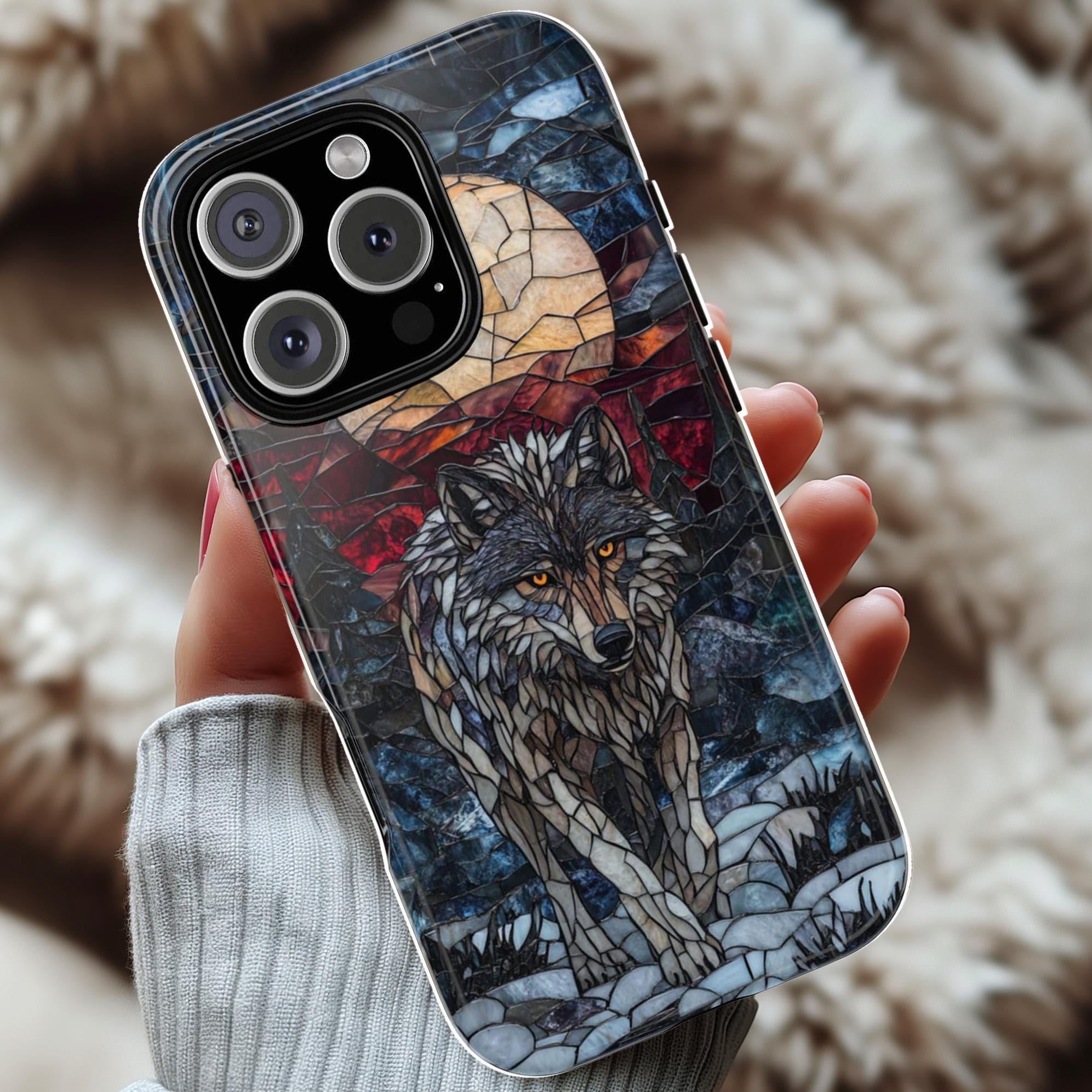 Stained Glass Fantasy Wolf Phone Case, Dark Gothic Phone Cover for iPhone 16 15 14 13 Tough or Magsafe Samsung Galaxy S24, 421.10