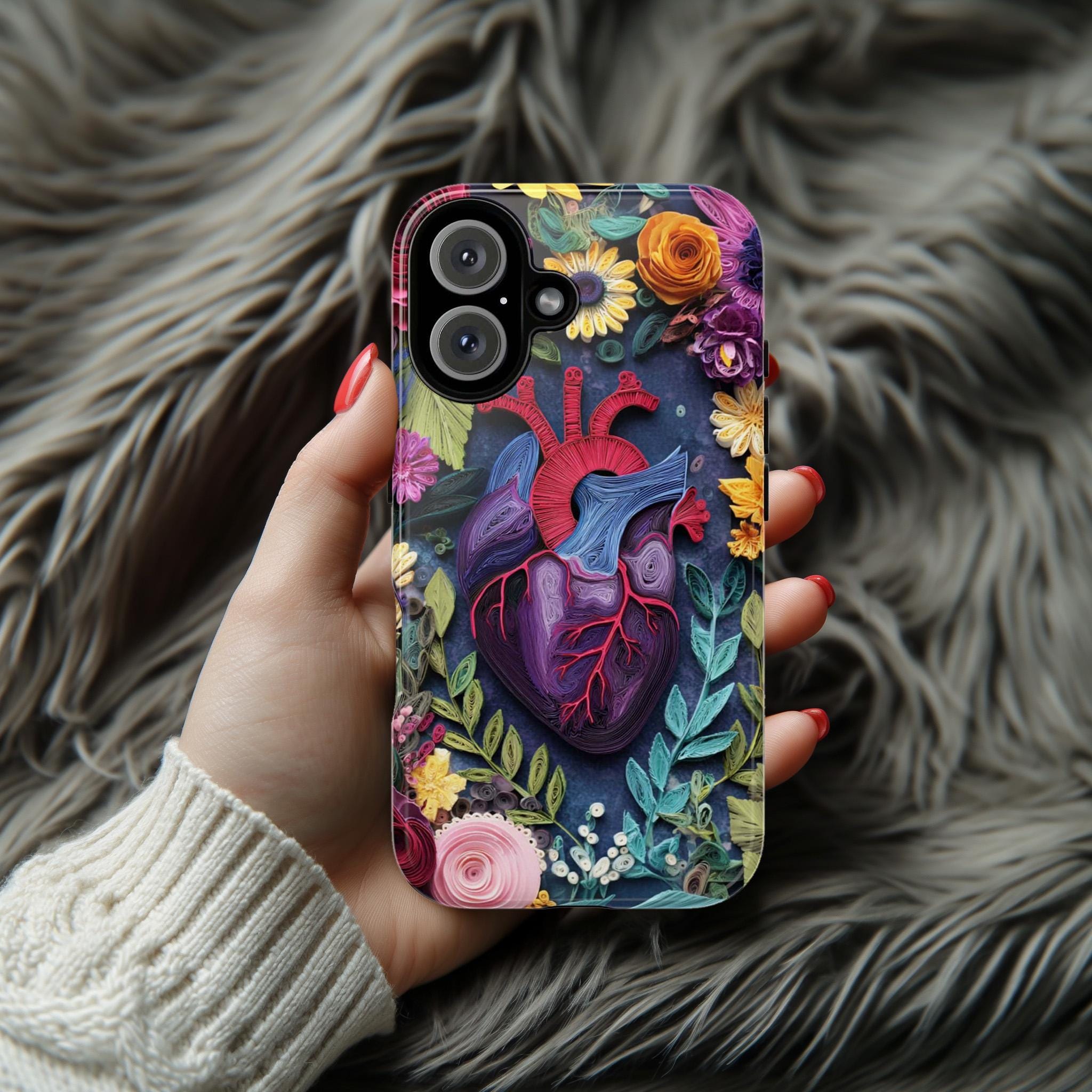 Anatomy Heart & Floral Quilling Paper Art 3D Phone Case, Artistic Nature Cover for iPhone 16 15 14 Tough or Magsafe, Samsung, 470.18