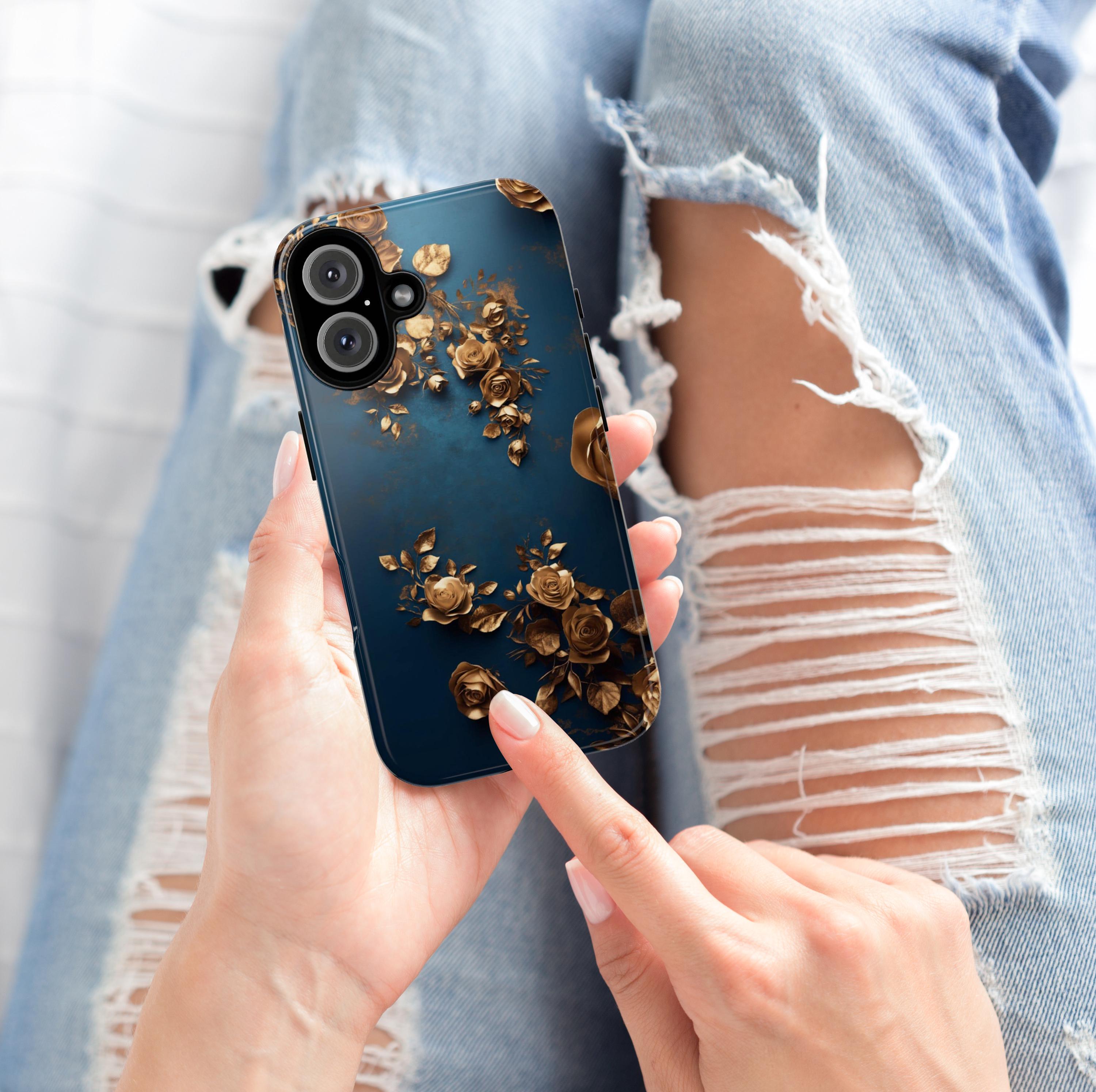 3D Golden Roses Elegant Blue Background Phone Case | Aeasthetic Design for iPhone 16 Pro Max 15 14 13 Mag Safe, Samsung S25 Ultra, 428.8
