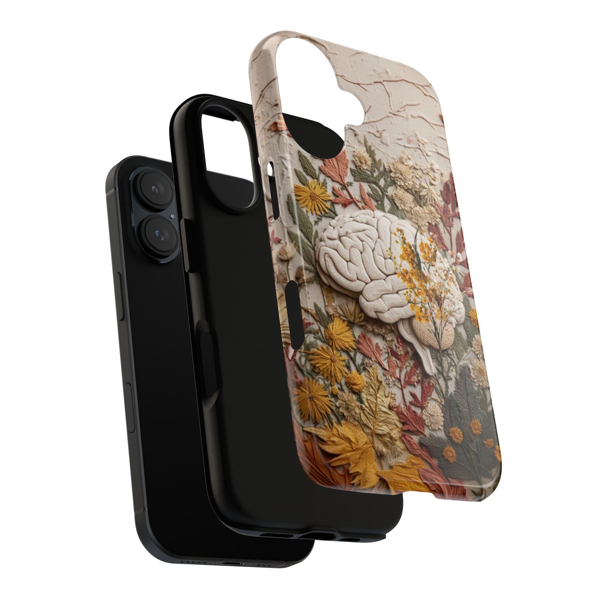Fantasy Brain Floral Phone Case, Anatomical Brain & Autumn Flowers, Anatomy Art for iPhone 17 16 Tough or Magsafe, Samsung, 430.8