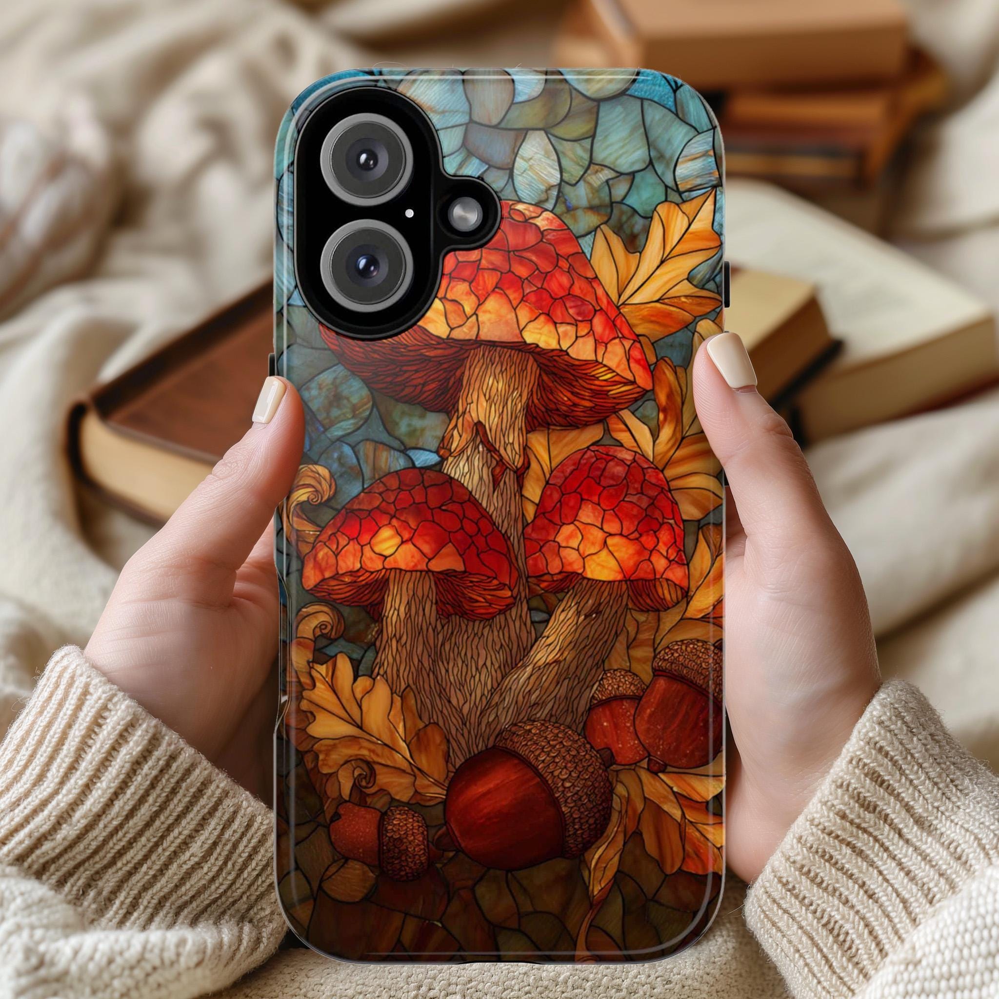 Stained Glass Mushroom Phone Case | Autumn Fall Forest Fungi Design, Cozy Woodland Cover for iPhone 16 15 Tough or Magsafe, Samsung, 478.11