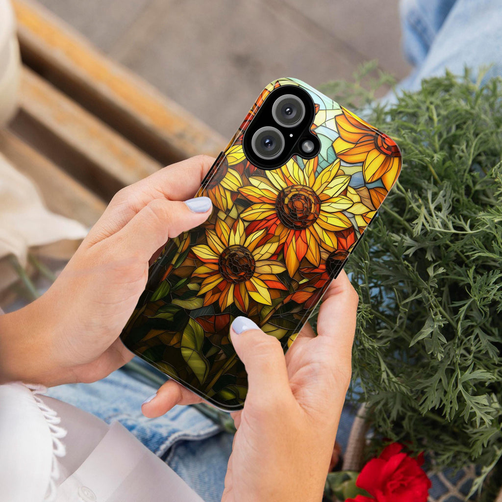 Stained Glass Vibrant Sunflowers Phone Case, Sunflower Field Phone Cover for iPhone 16 15 14 13 Pro Magsafe Samsung Galaxy S24, 418.18