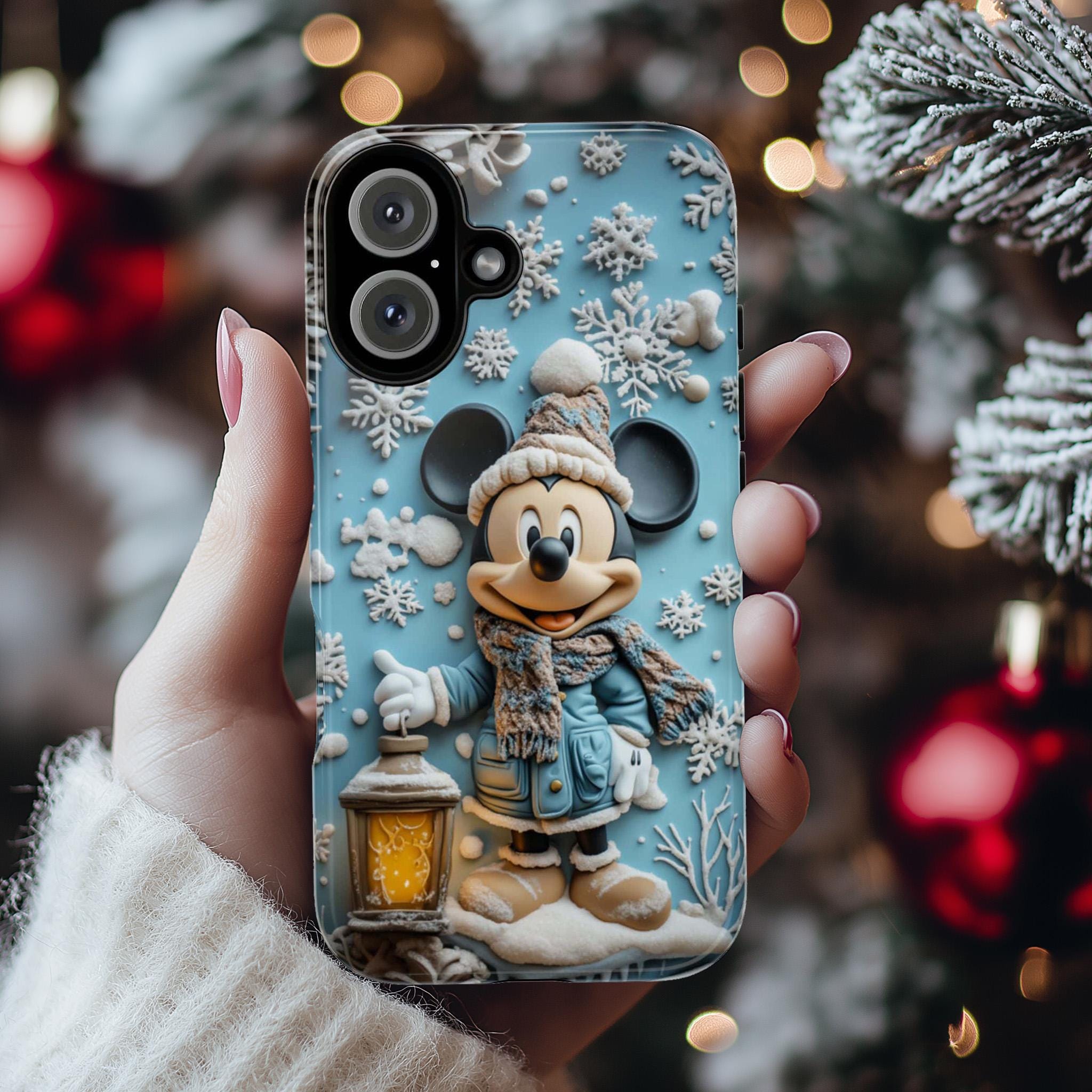 Mickey Mouse 3D effect Phone Case, Cartoon Xmas Design, Blue Mickey Mouse Christmas Phone Case iPhone 16 15 14 Magsafe, Samsung S24, 442.7