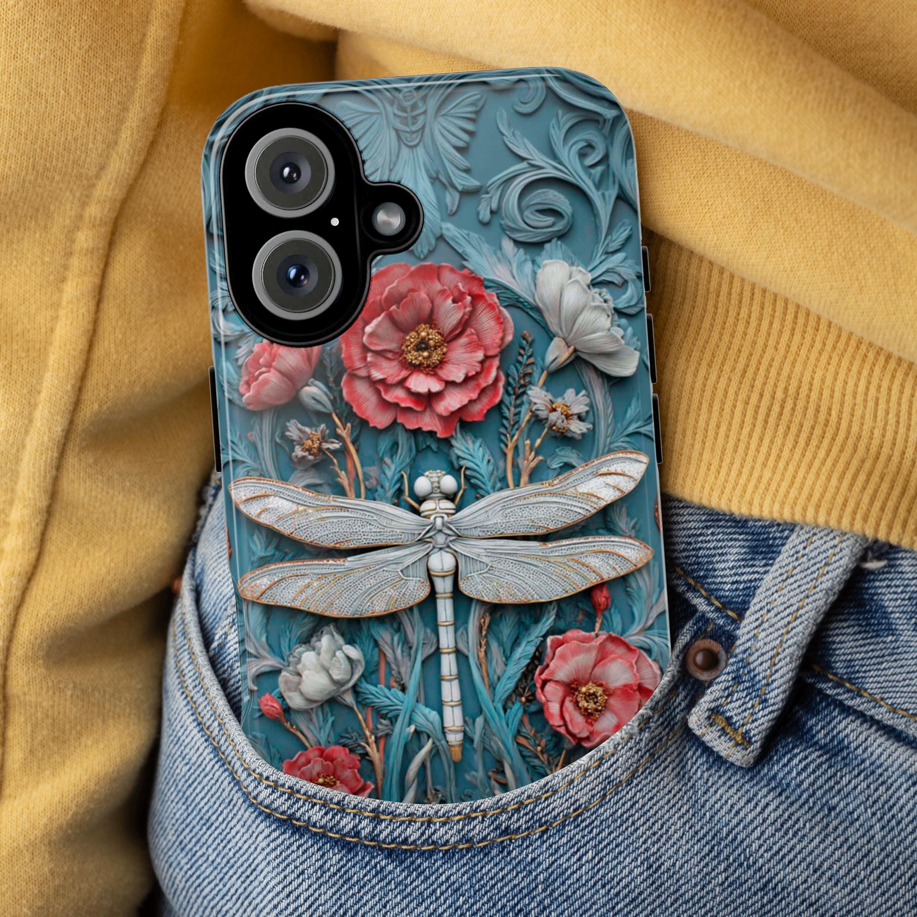 Mystical 3D Dragonfly Phone Case with Floral Design, Whimsical Boho Aesthetic Phone Cover for iPhone Magsafe or Tough Case, Samsung 476.24