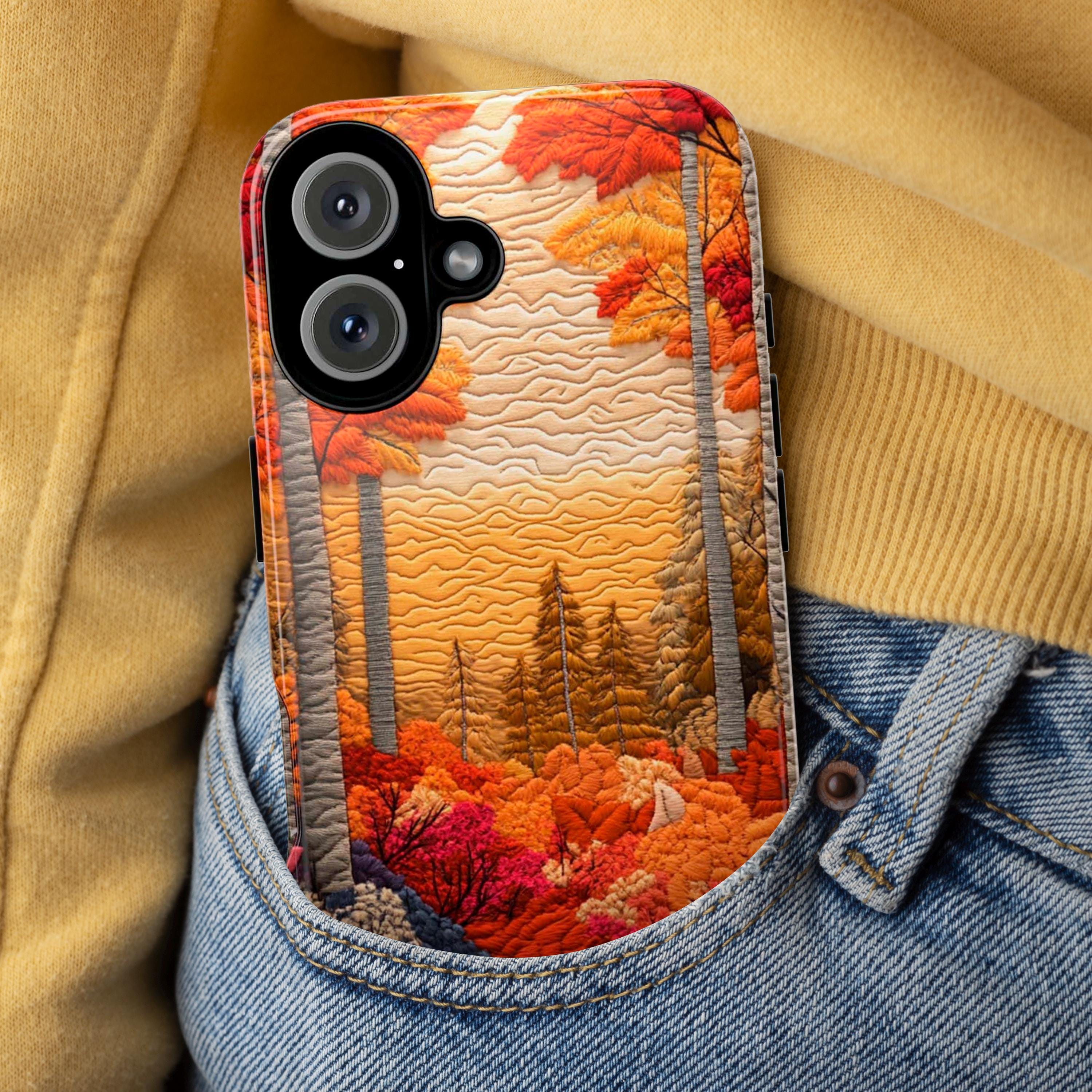 Fall Landscape Patchwork MagSafe Phone Case, Cozy Autumn Design with Fall Forest and Sunset Case for iPhone 16 15 14 13 / Samsung S24, 453.1