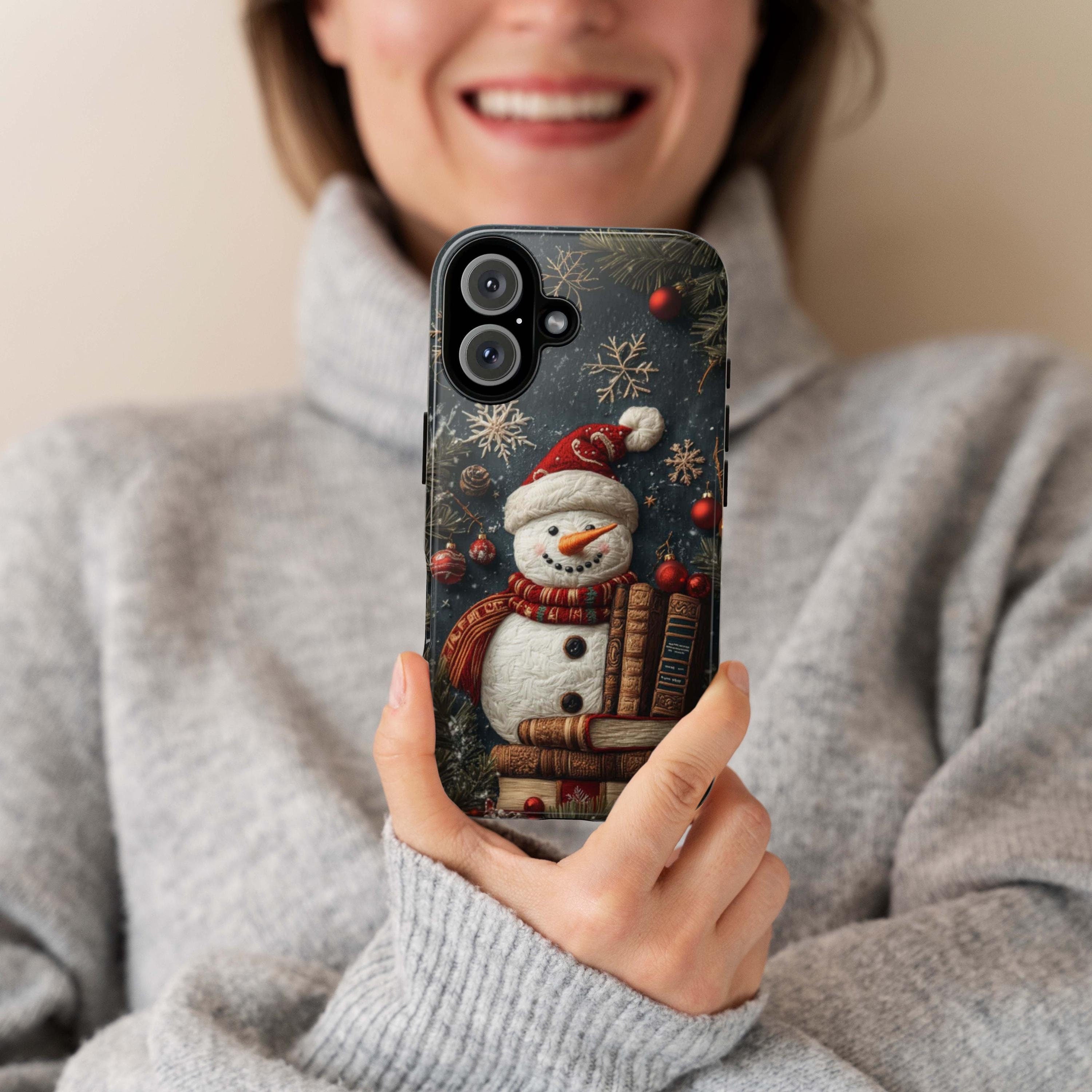 Christmas Snowman and Books Embroidered effect - Winter Xmas Holiday Library,  for iPhone 16 15 14 13 Magsafe Plus, Samsung S24, 444.6
