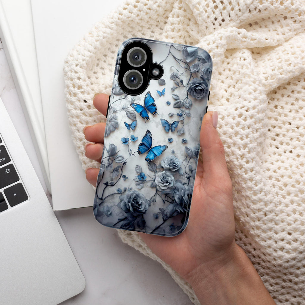 3D Blue Butterflies and Gray Rose Phone Case, Art Floral Butterfly Phone Cover for iPhone 16, 15, 14, 13 Magsafe & Samsung, Pixel, 422.10