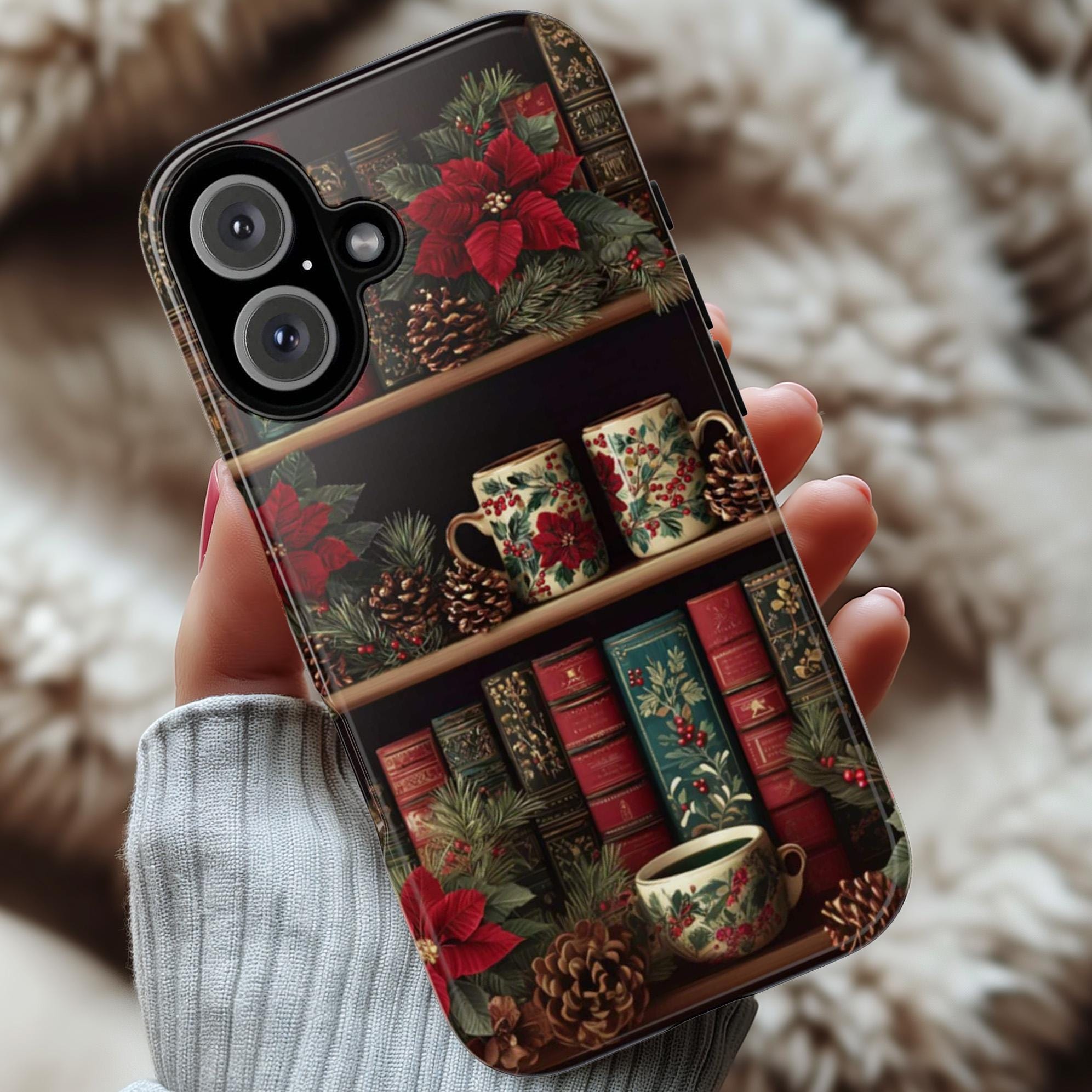 Christmas Bookshelf Phone Case, Holiday Mugs & Poinsettia Floral Cover for Tough or MagSafe for iPhone 17 16, Samsung S25, 423.34