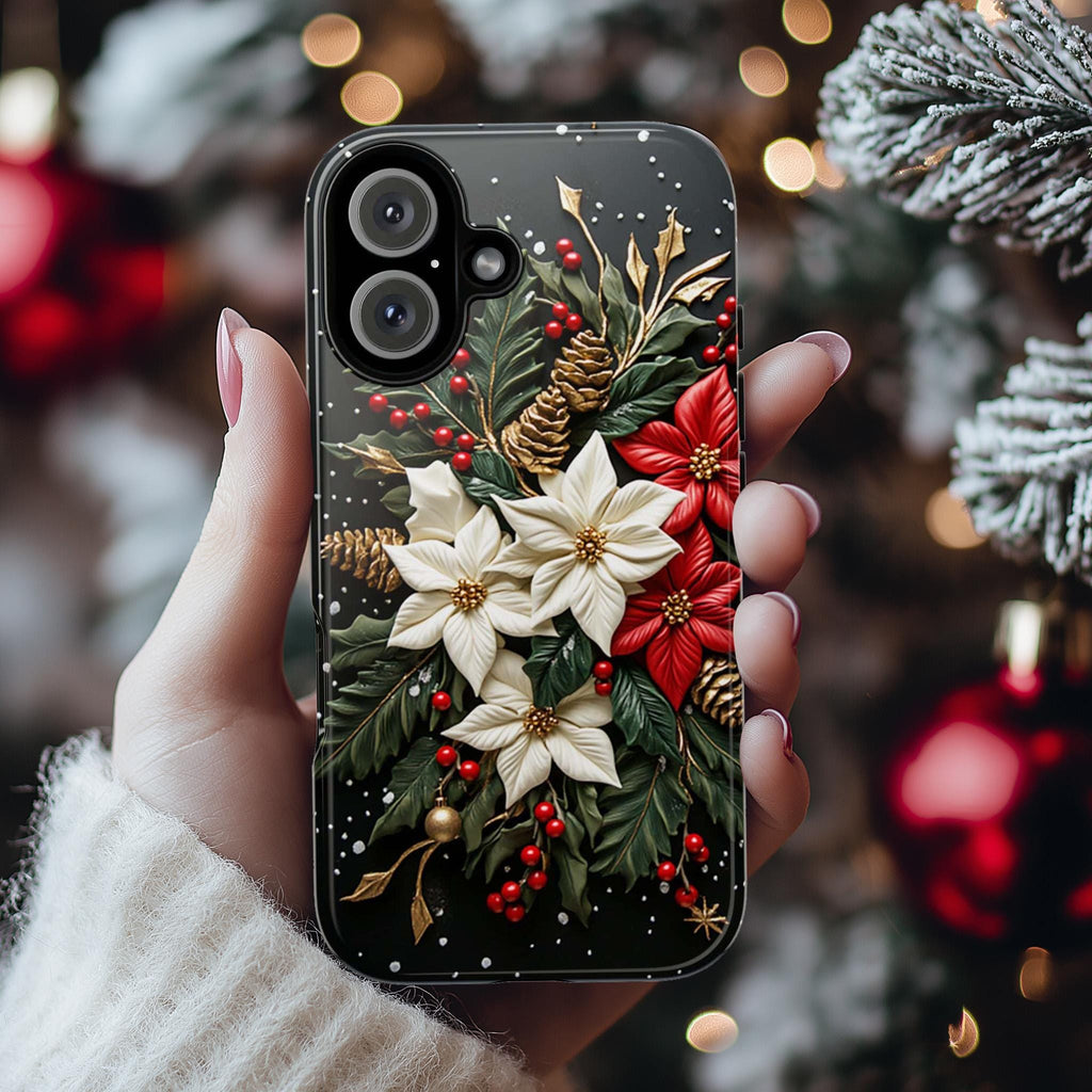 Poinsettia Floral Christmas Phone Case | Festive Red & White Floral 3D effect MagSafe for iPhone 16 15 14 13 Pro Max, Samsung S25, 433.11