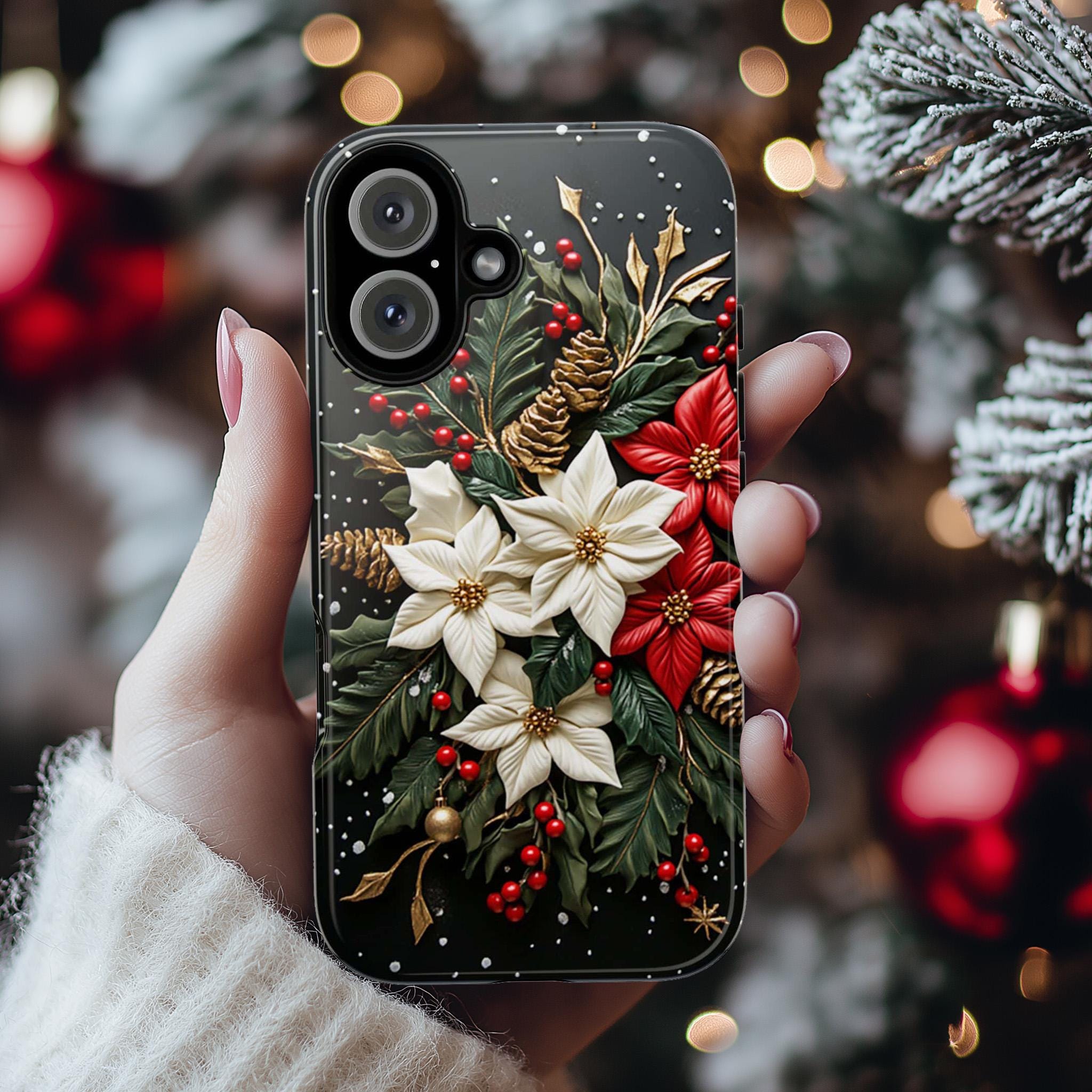 Poinsettia Floral Christmas Phone Case | Festive Red & White Floral 3D effect MagSafe for iPhone 16 15 14 13 Pro Max, Samsung S25, 433.11