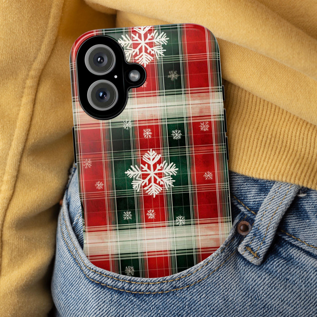 Cozy Christmas Plaid Phone Case, Festive Xmas Holiday Snowy Phone Cover for iPhone 15 14 13 Pro Max Plus, Magsafe, Galasy S25, 426.1