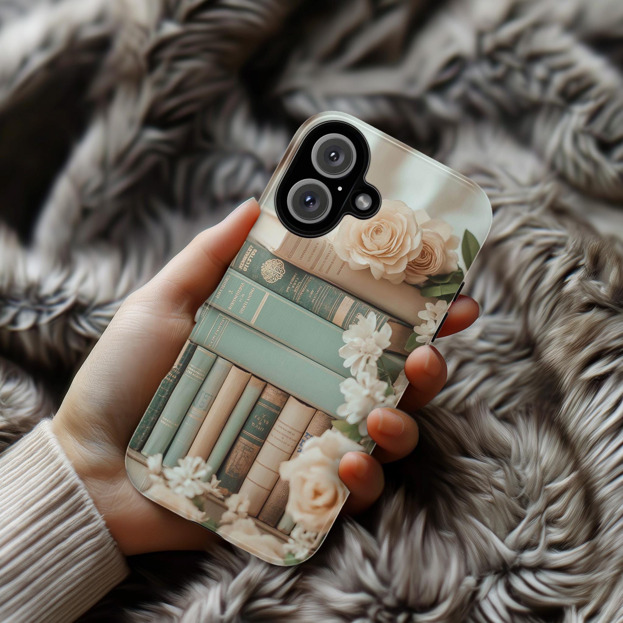 Vintage Bookshelf Floral Phone Case, 3D Rose and Pastel Books Design for iPhone Magsafe 16, 15, 14, 13 & Samsung, Pixel 9, 423.14