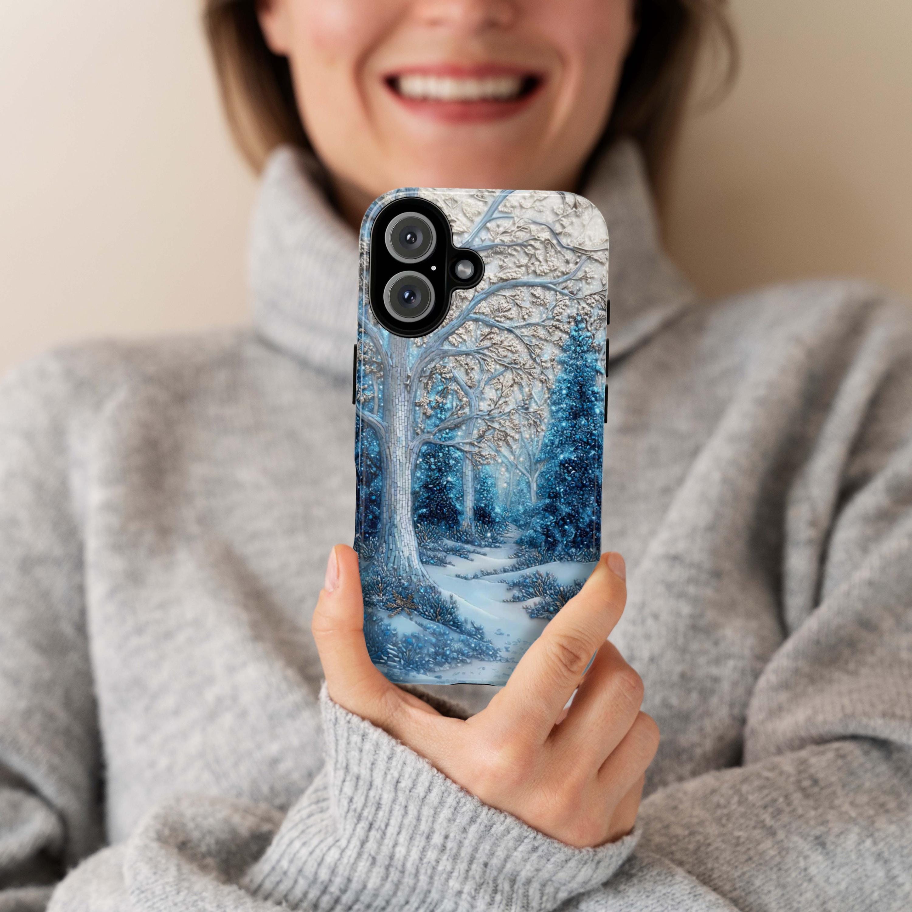 Winter Forest Phone Case,Cozy Holiday Mosaic Snowy Landscape, Frosty Woods Case for iPhone 17 16 15 Tough or Magsafe, Samsung, 481.6