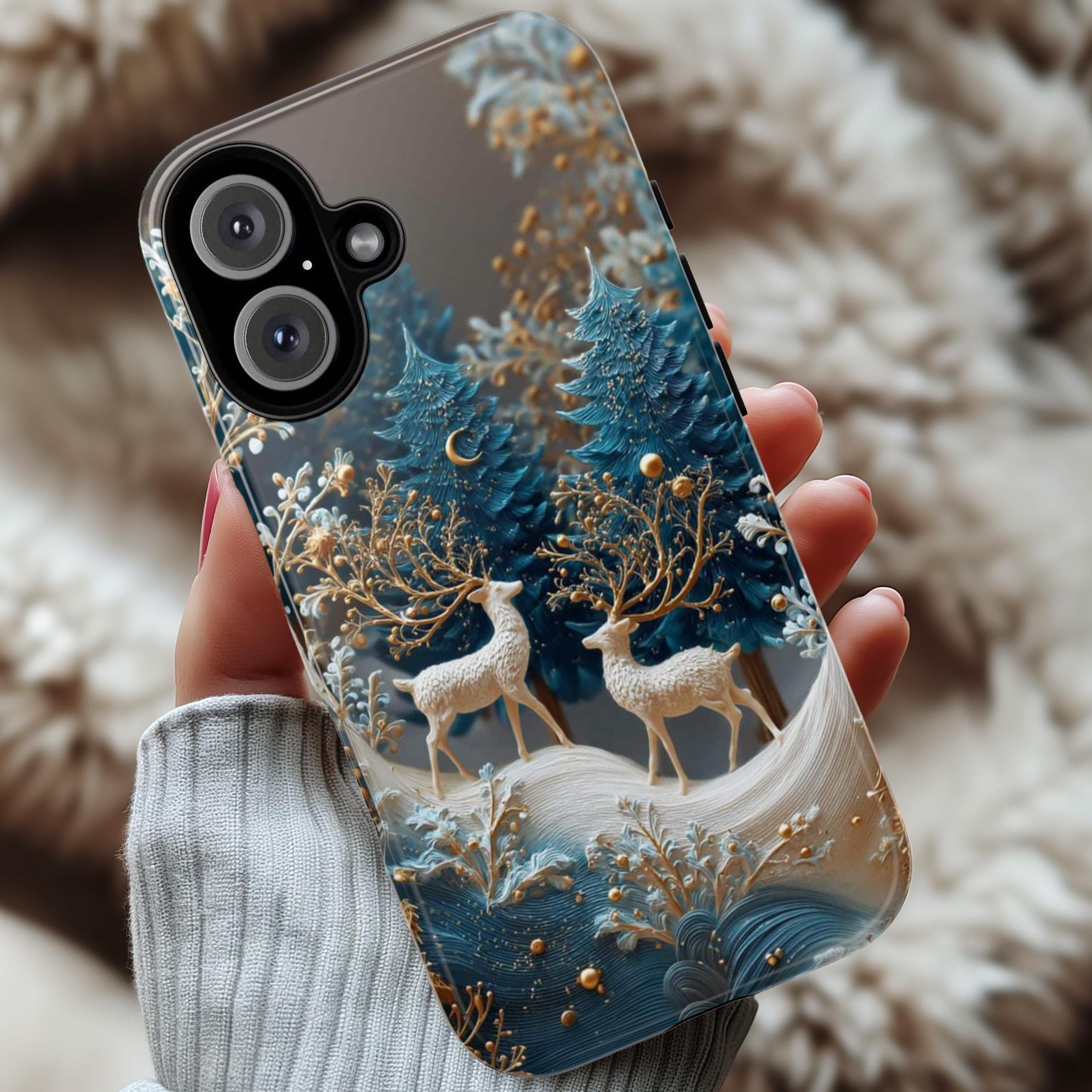 Winter Chistmas Forest Reindeer Phone Case | Snowy Holiday Woodland Cover for iPhone 16 15 14 Tough or Magsafe, Samsung, 481.1
