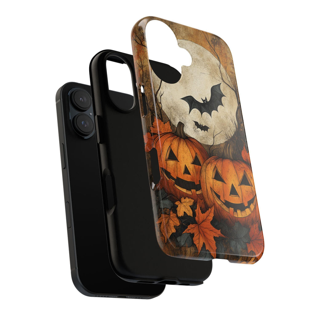 Halloween Autumn Phone Case, Pumpkins Bats & Moon, Spooky Seasonal Cover in Artistic Fall Style for iPhone Tough or Magsafe, Samsung, 475.2