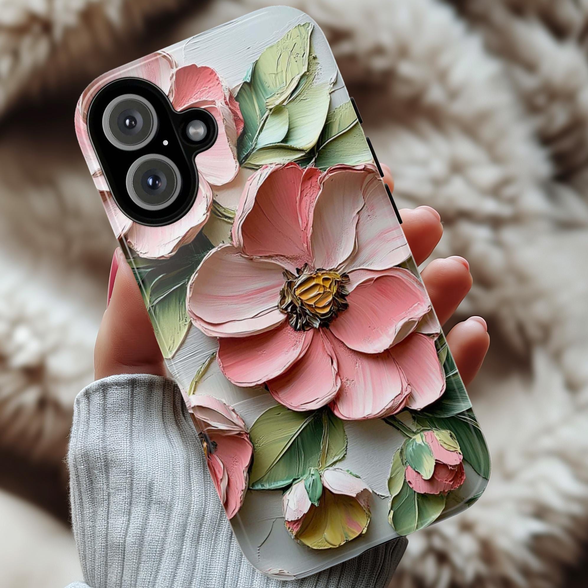 Floral Phone Case with Anemone & Rose, Nature Oil Painting, Botanical Blossom Art Cover for iPhone 16 Tough or Magsafe, Samsung S25, 439.51