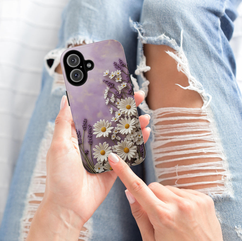 3D Floral Daisy and Lavender Phone Case, Pastel Purple Bloom Art Case for iPhone 16 15 14 13 Tough or Magsafe, Samsung S24, 439.19