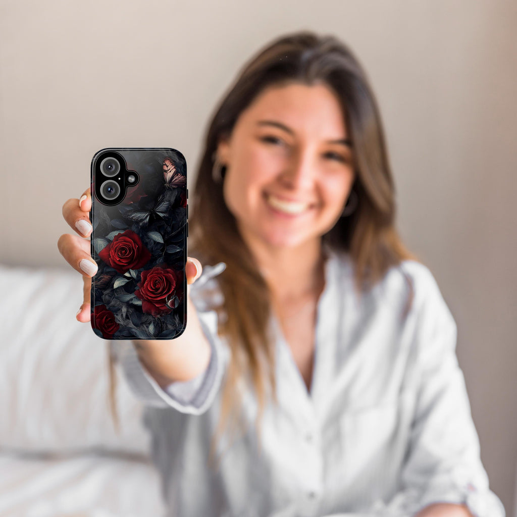 Dark Floral Red Rose Phone Case, Gothic Dark Academia Phone Case, Artistic Protective Phone Cover for iPhone Magsafe, Samsung, 422.4