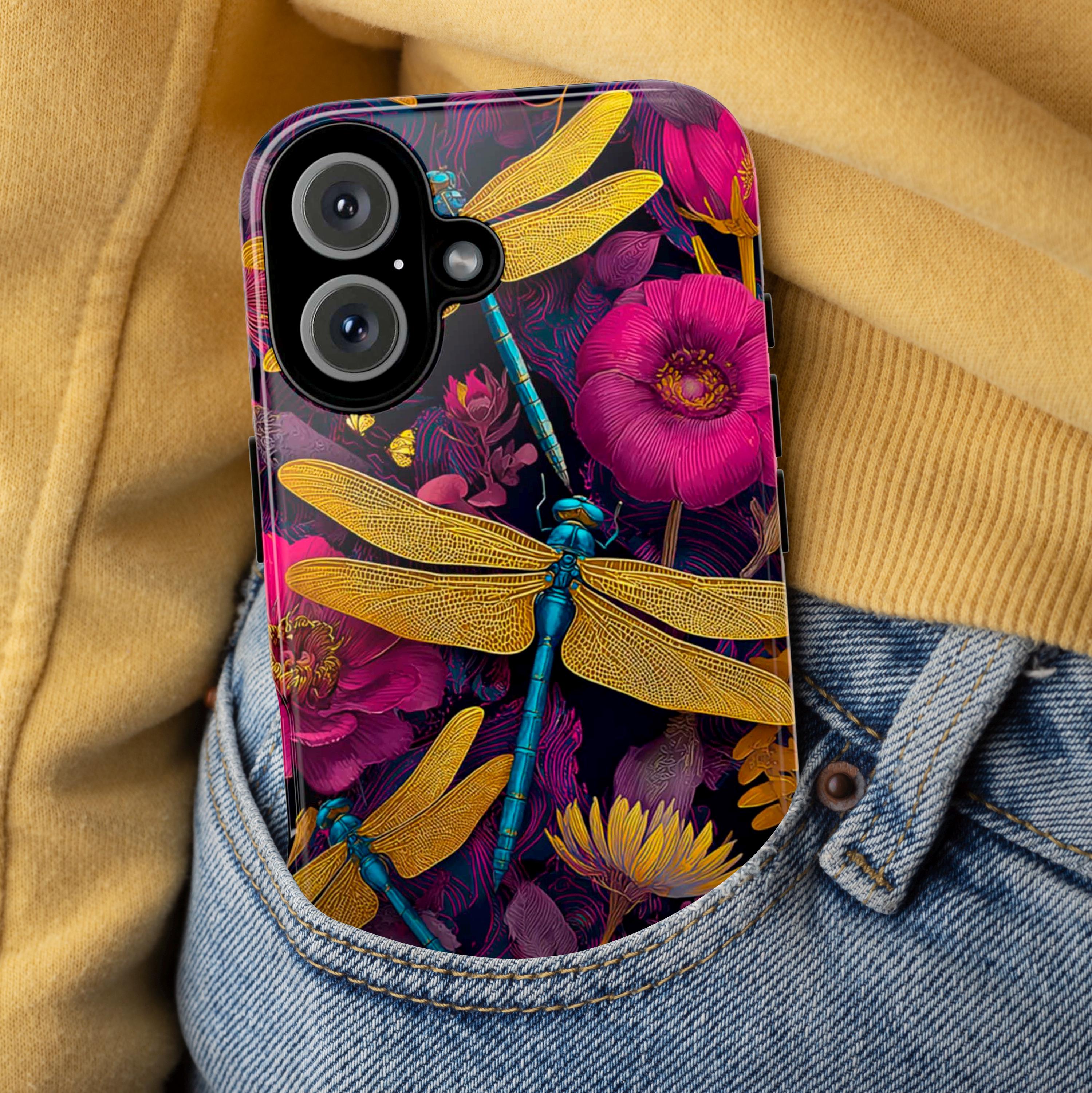 Dragonfly & Flowers Phone Case, Colorful  Artistic Nature Cover, Elegant Botanical Phone Case for iPhone Tough or Magsafe, Samsung, 476.22