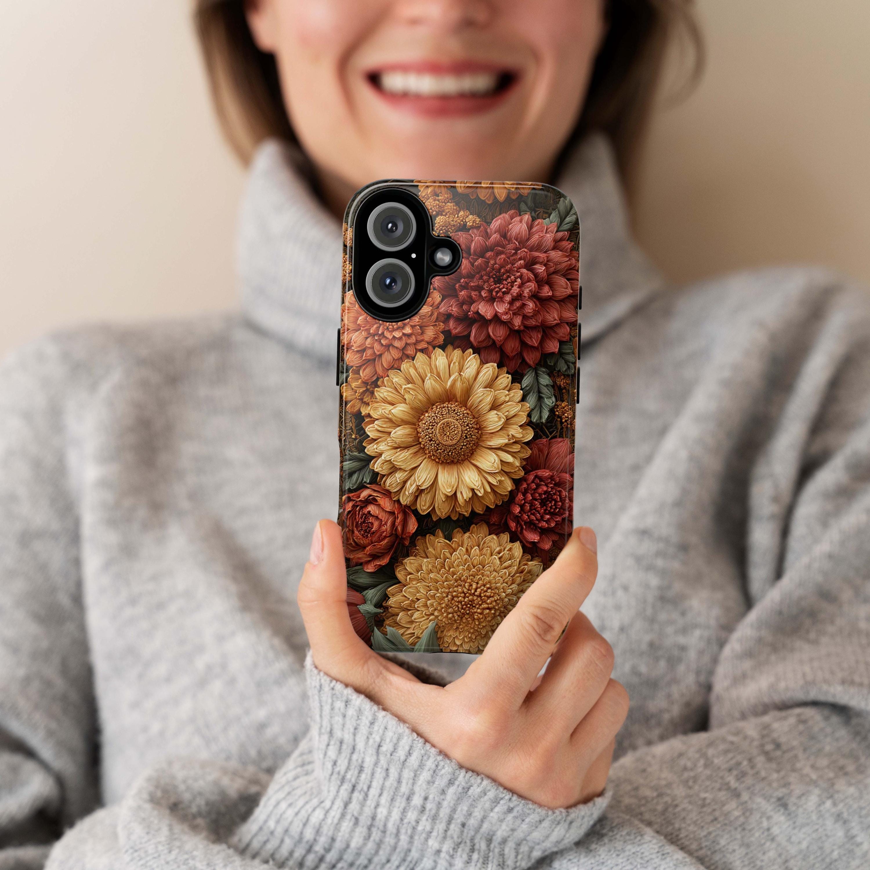 Autumn Chrysanthemum Phone Case in Soft Pastel Colors | Elegant Fall Floral Cover for iPhone 16 15 Tough or Magsafe, Samsung, 476.33