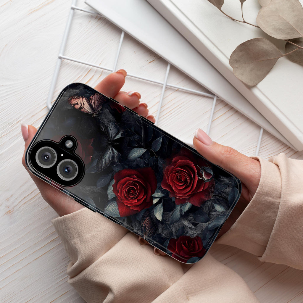 Dark Floral Red Rose Phone Case, Gothic Dark Academia Phone Case, Artistic Protective Phone Cover for iPhone Magsafe, Samsung, 422.4
