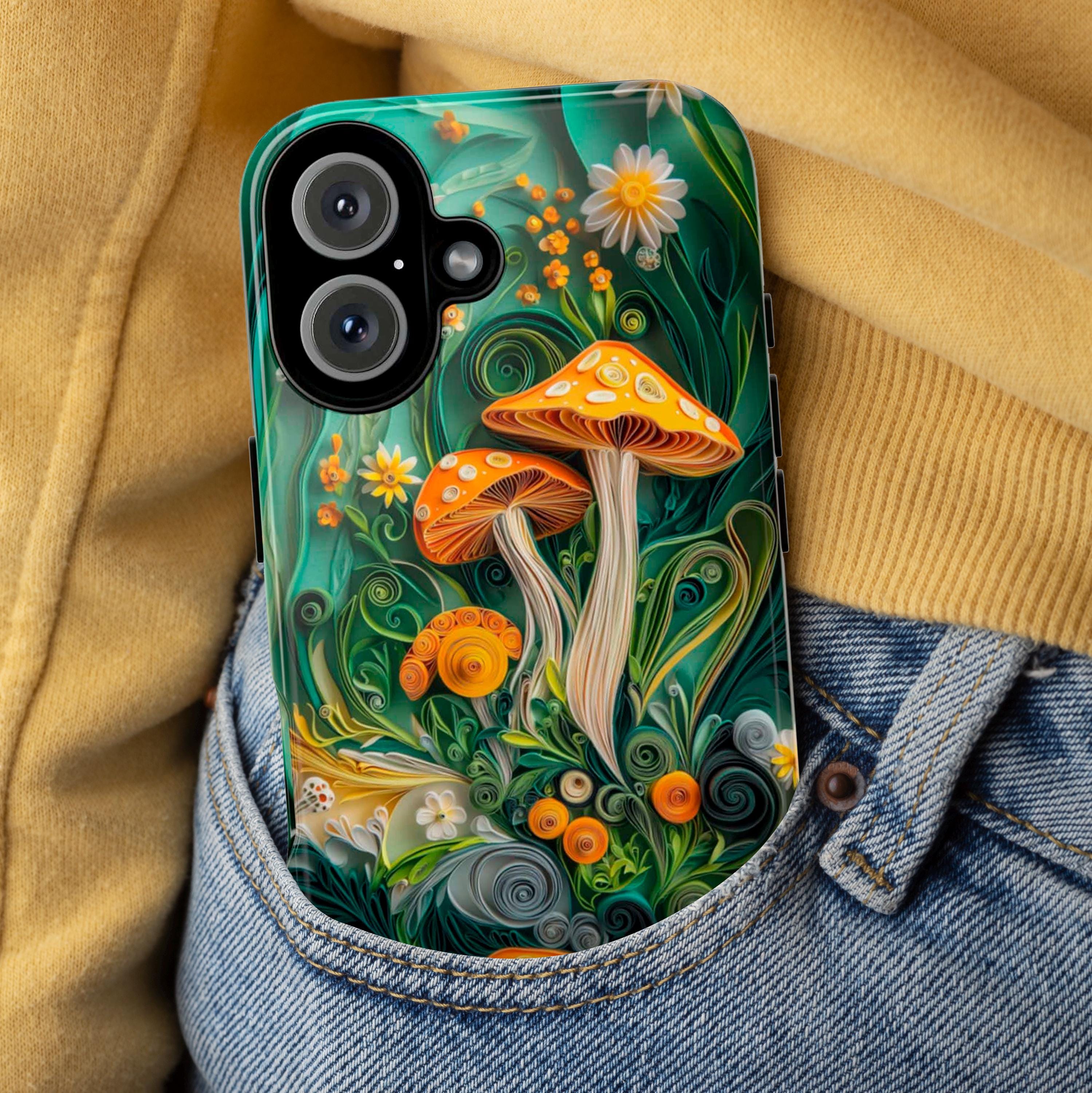 Colorful Forest Mushroom Phone Case with Paper Art Design, Woodland & Nature Lovers for iPhone 16 15 14 13 Tough or Magsafe, Samsung, 470.11
