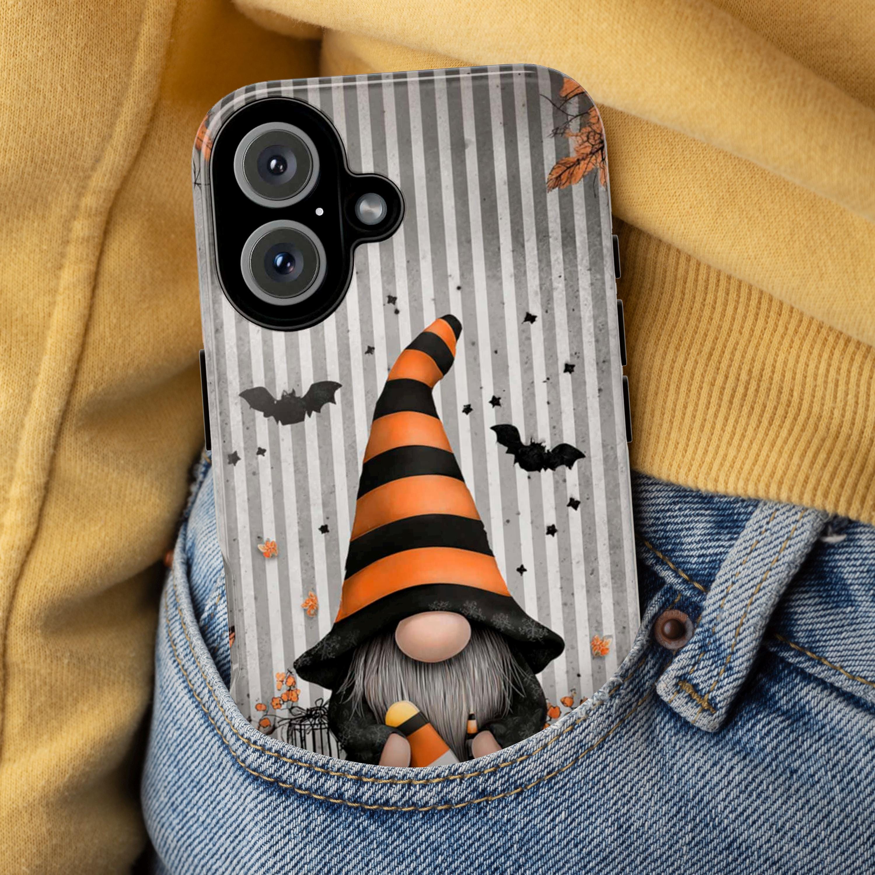 Cozy Fall Gnome Phone Case, Halloween Design Phone Case, Autumn Pumpkins & Bats Cover for iPhone 17 16 15 Tough or Magsafe, Samsung, 480.3
