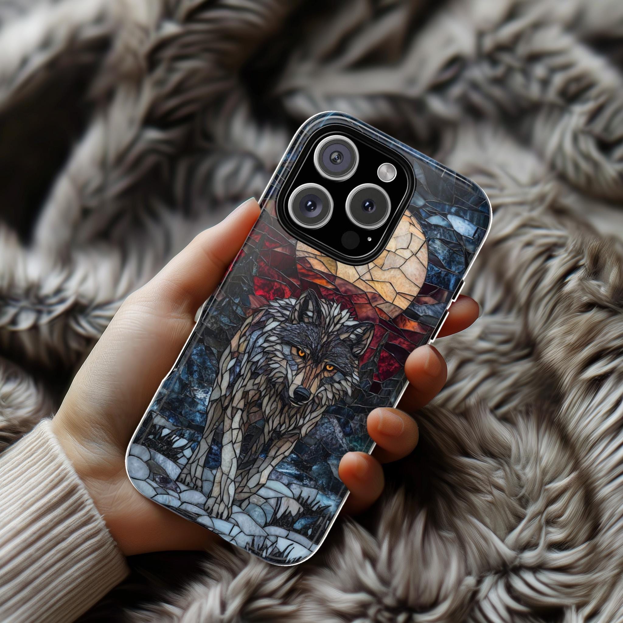 Stained Glass Fantasy Wolf Phone Case, Dark Gothic Phone Cover for iPhone 16 15 14 13 Tough or Magsafe Samsung Galaxy S24, 421.10