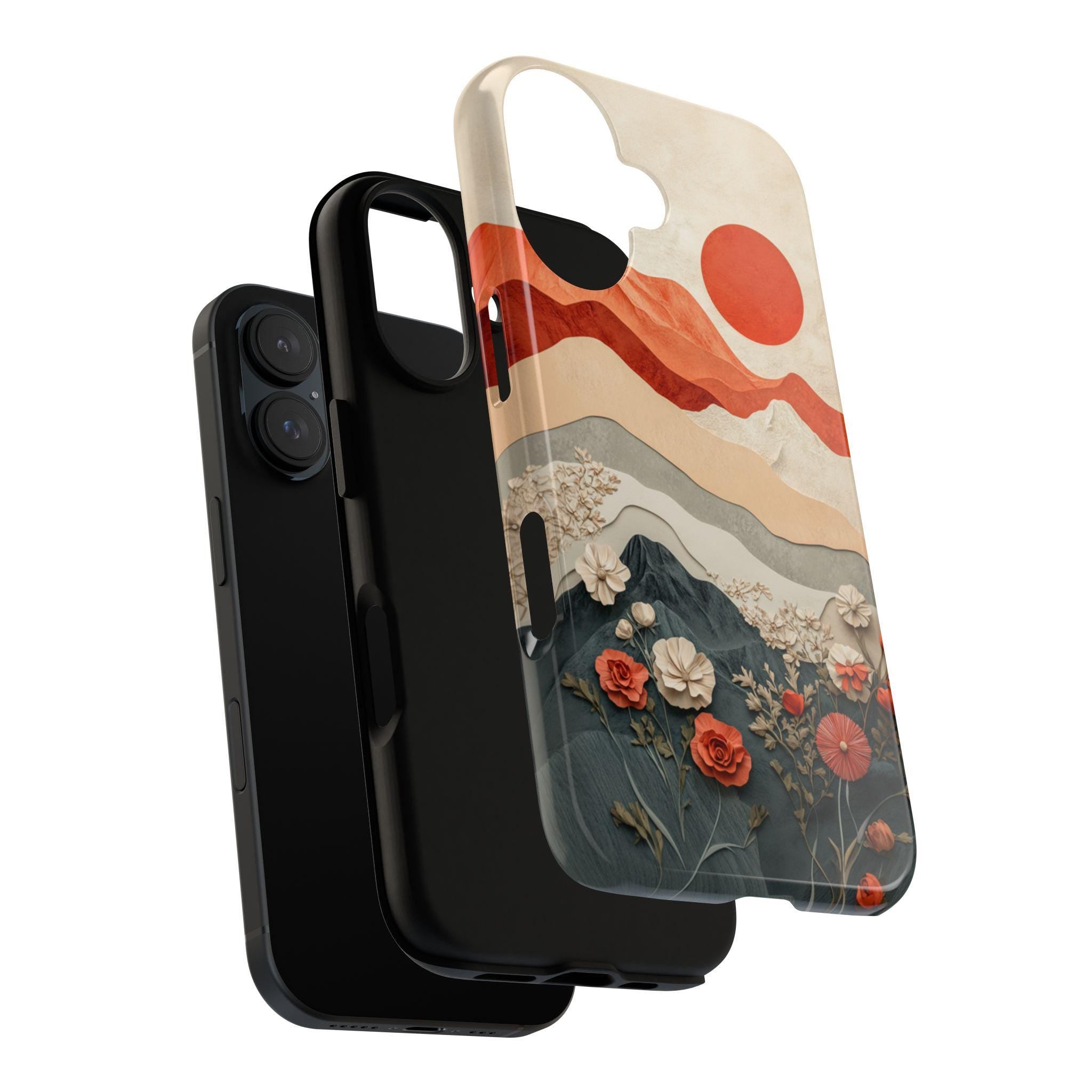 Paper Art effect Mountain Sunset & Floral Phone Case, Nature Landscape Lover Phone Cover for iPhone Tough or MagSafe, Samsung, 473.8