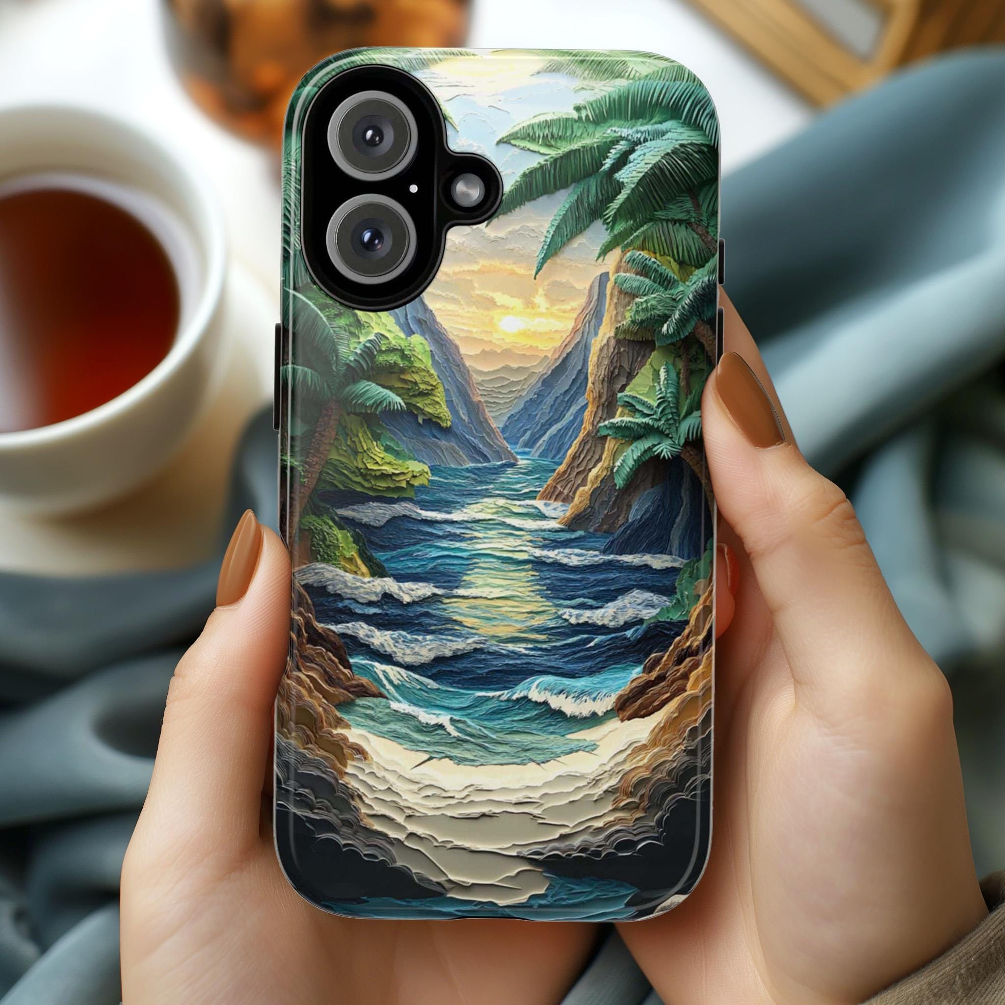 Mountain & Beach Wave Phone Case, 3D Paper Style Design, Layered Nature Landscape Cover for iPhone 16 15 Tough or Magsafe, Samsung, 470.5