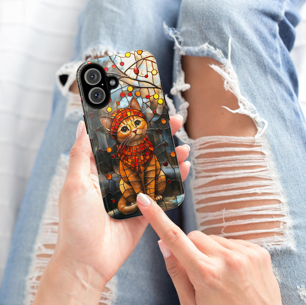 Vibrant Stained Glass Phone case  with Adorable Cat, Cat Lover Gift for iPhone 16 Pro Max 15 14 13 Plus, Samsung S25 Ultra, 416.3