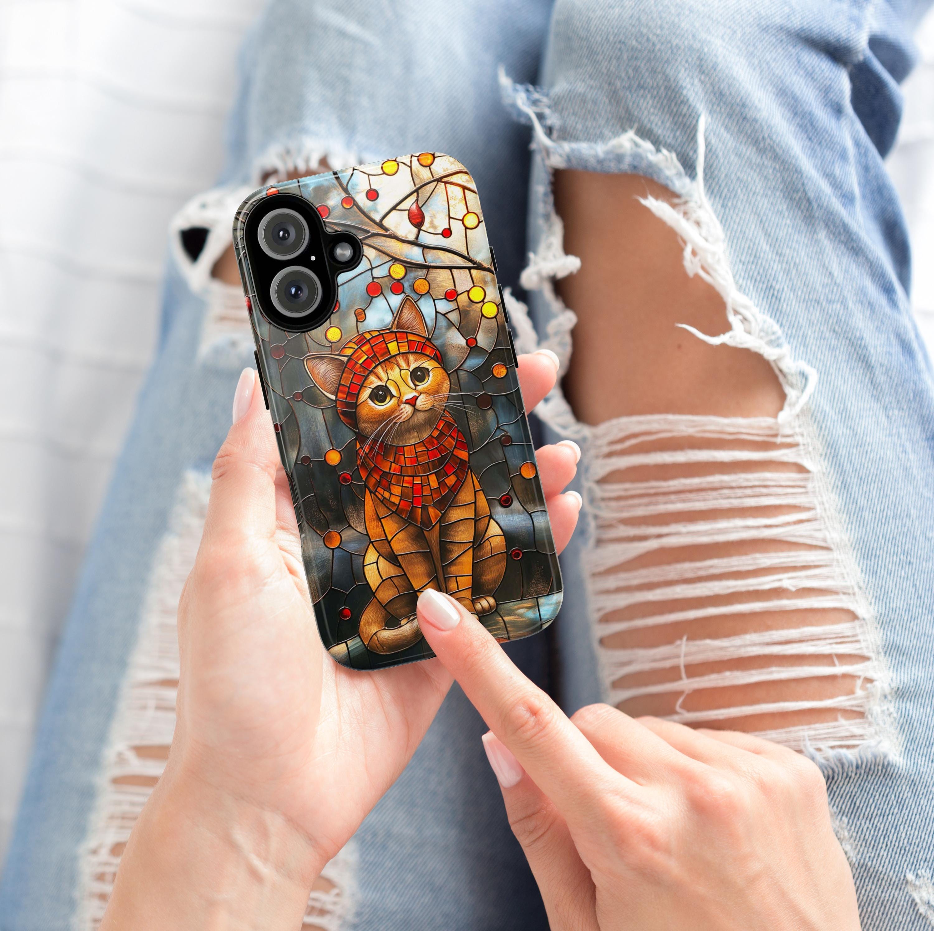 Vibrant Stained Glass Phone case  with Adorable Cat, Cat Lover Gift for iPhone 16 Pro Max 15 14 13 Plus, Samsung S25 Ultra, 416.3