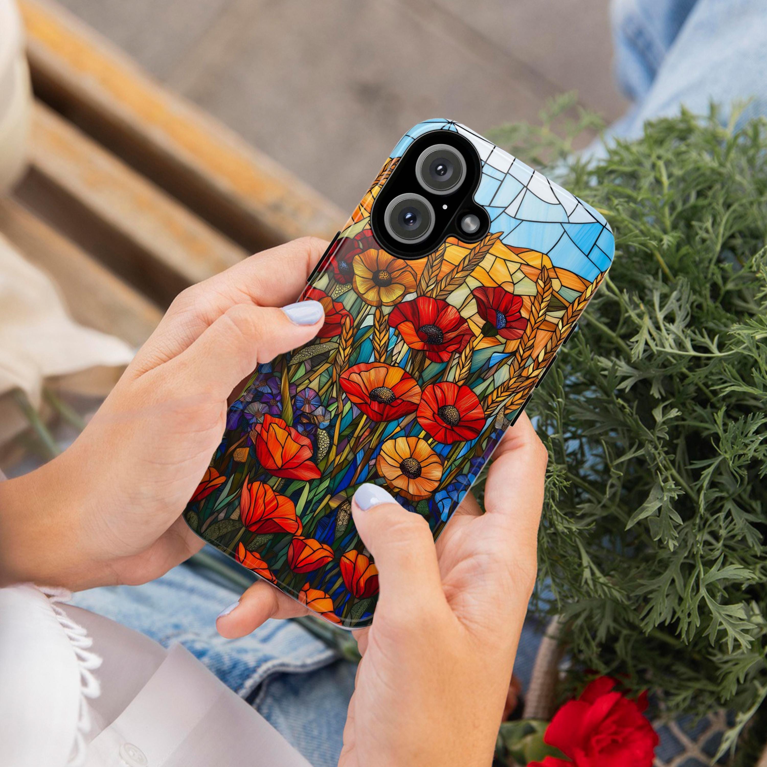 Stained Glass Poppies, CornFlowers Phone Case, Golden Wheat Field Phone Cover for iPhone 16 15 14 13 Pro Magsafe Samsung Galaxy S24, 418.21