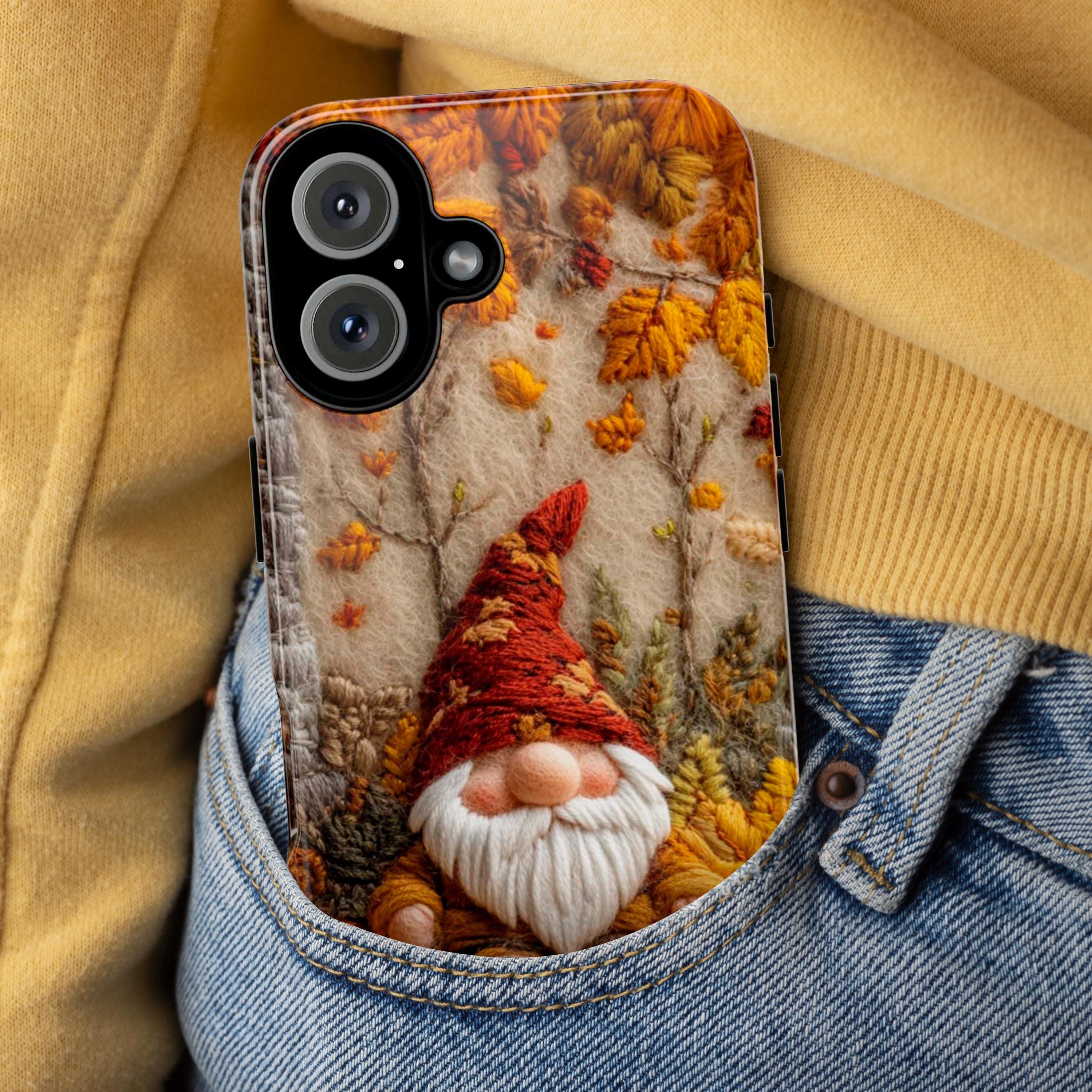 Fall Gnome Embroidery MagSafe Phone Case, Cozy Autumn Design with Fall Leaves and Pumpkins Case iPhone 16 15 14 13 12 / Samsung S24, 452.2